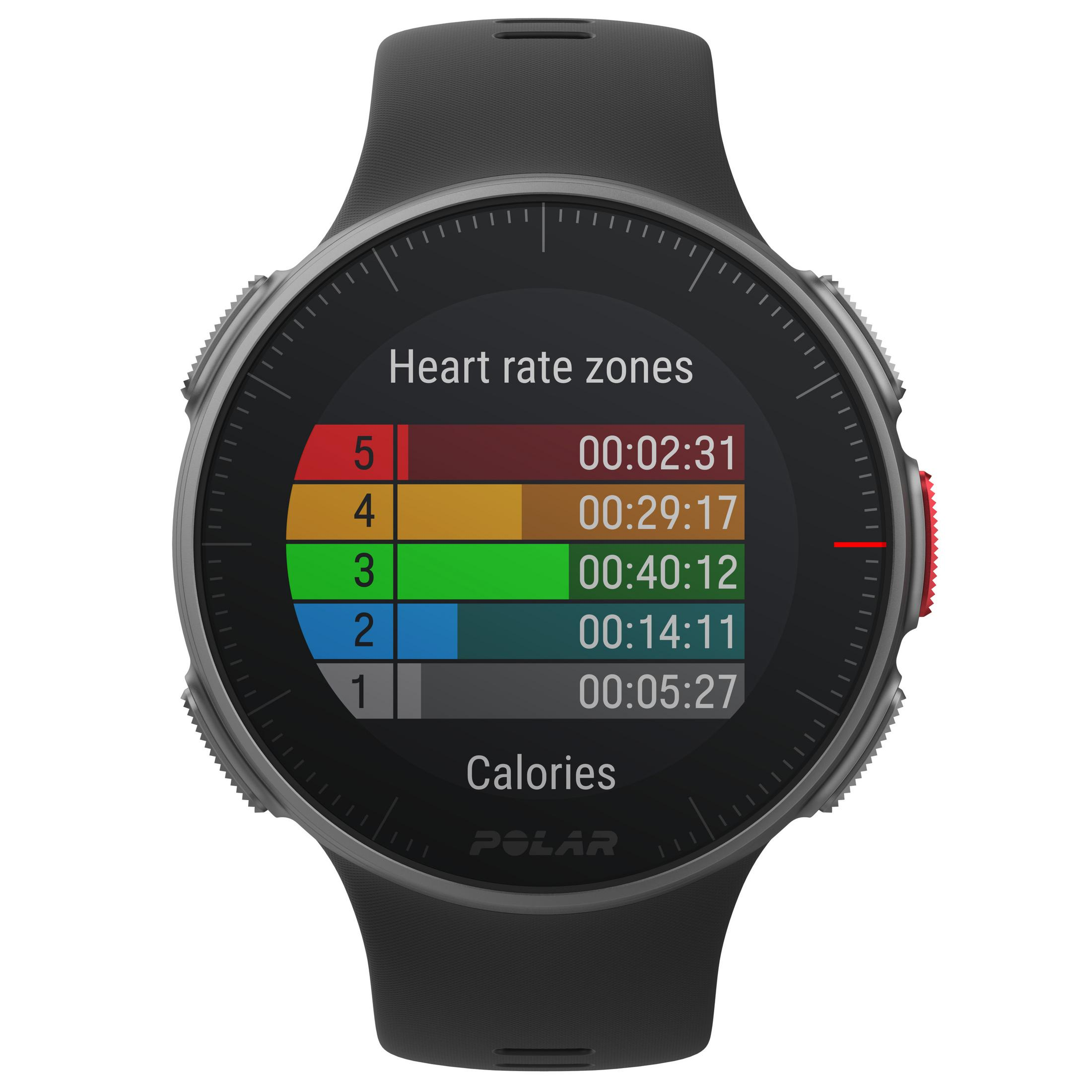 Czarny zegarek Polar. Strefy tętna. Wyświetlanie czasu. Białe tło.