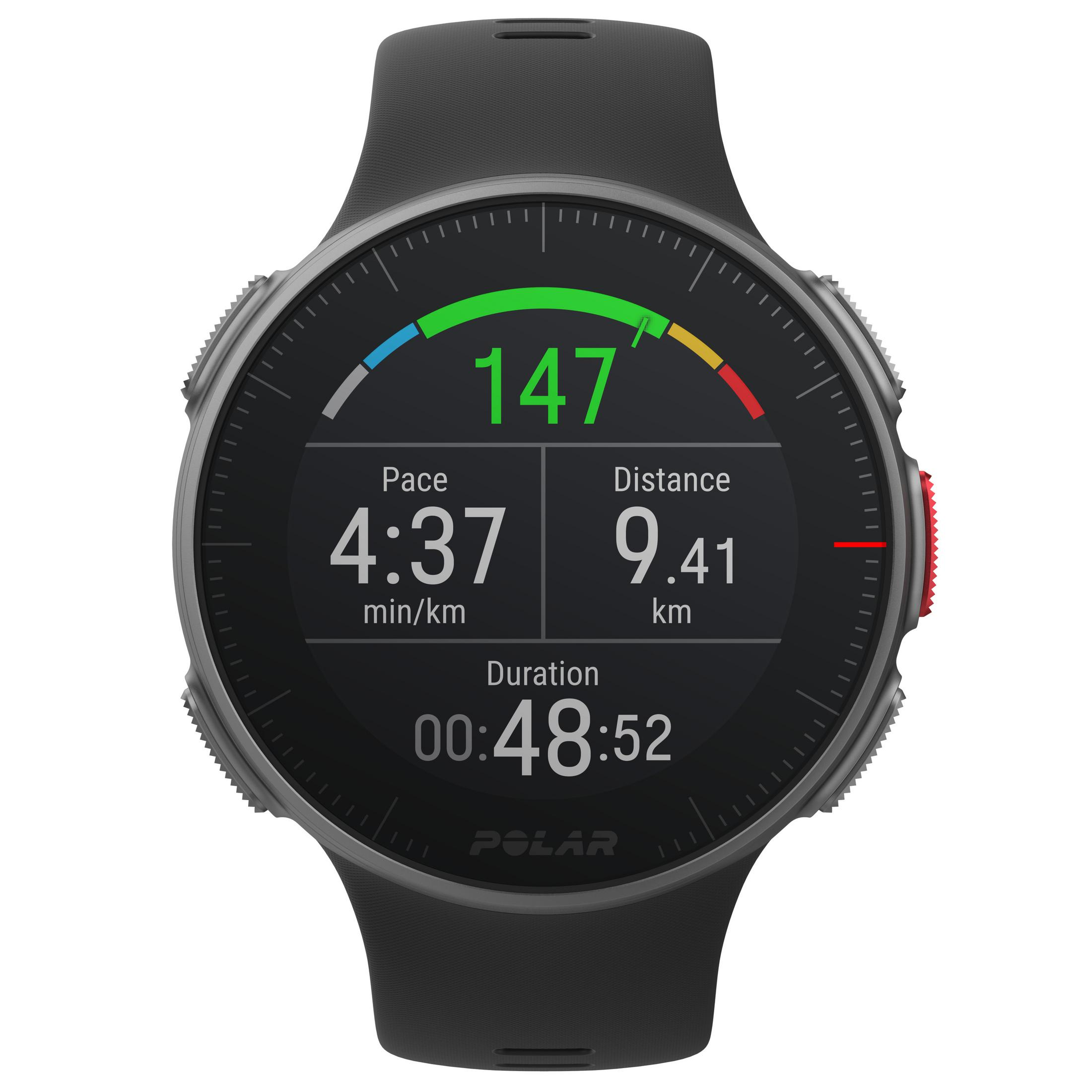 Czarny zegarek Polar z tempem, dystansem i czasem trwania wyświetlanymi na ekranie.