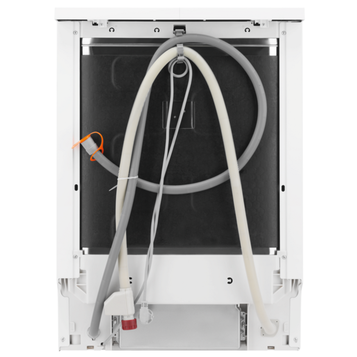 Tył zmywarki z widocznymi wężami i rurami, w kolorze białym i szarym.