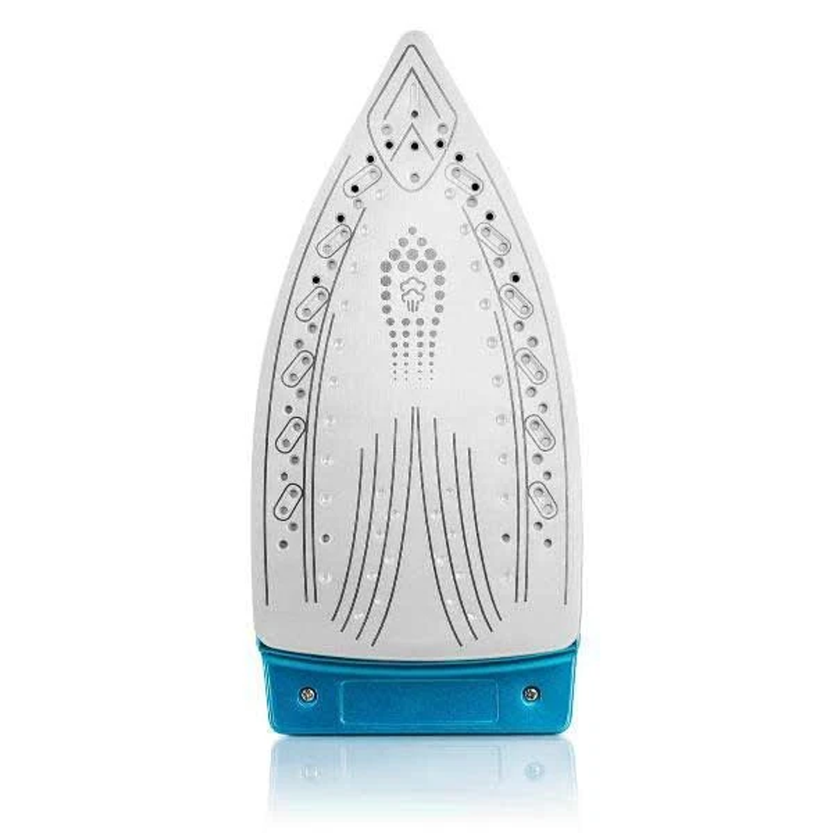 Suela de plancha, blanca con borde azul, muestra orificios de vapor y detalles de diseño.