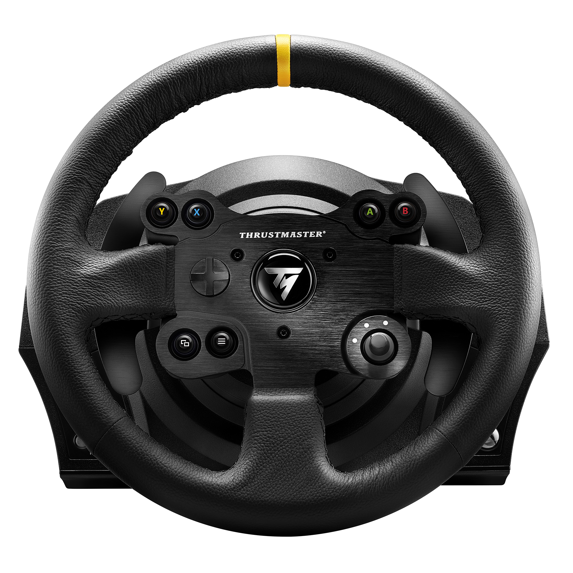 Volante Thrustmaster negro con botones y controles. Raya amarilla en la parte superior. Fondo negro.