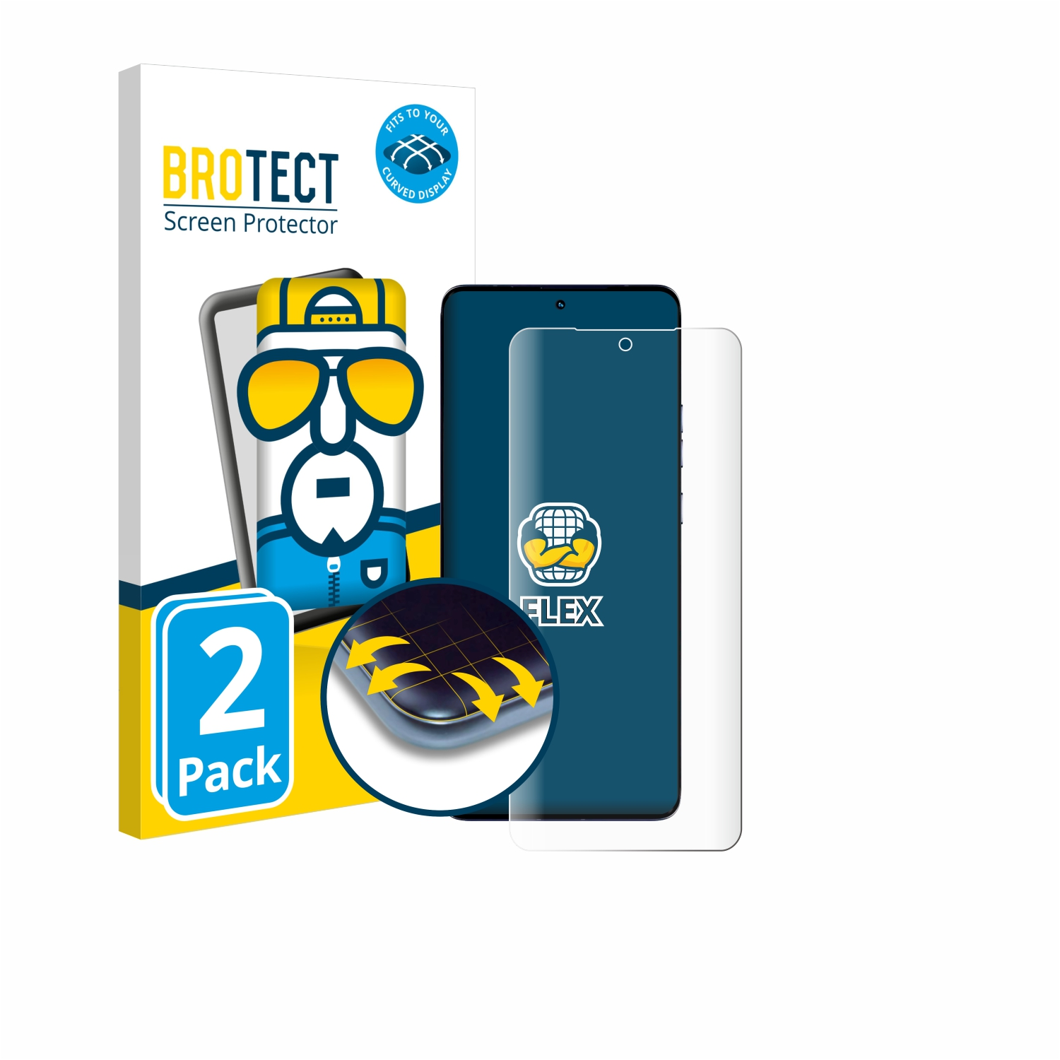 Displayschutzfolienverpackung und zwei Schutzfolien auf weißem Hintergrund. Paket zeigt Eigenschaften.