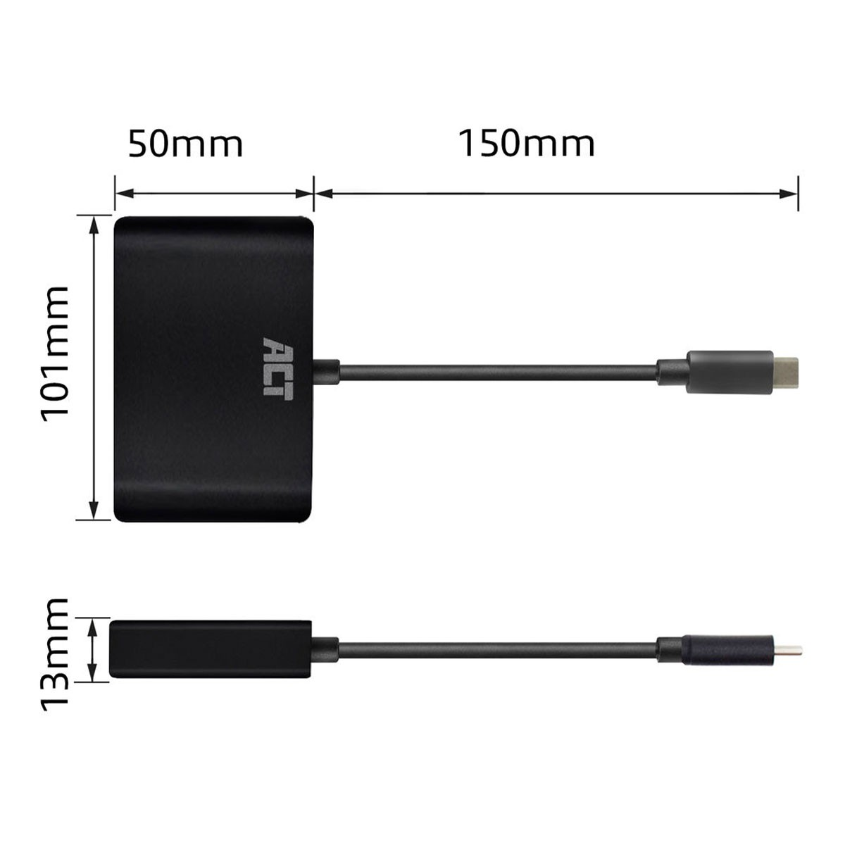 Schwarzer Adapter mit USB-C-Anschluss und in Millimetern beschrifteten Abmessungen.