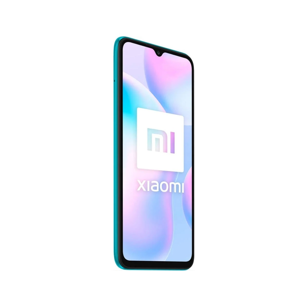 Ein türkisfarbenes Smartphone mit dem Xiaomi-Logo auf dem Bildschirm. Weißer Hintergrund.
