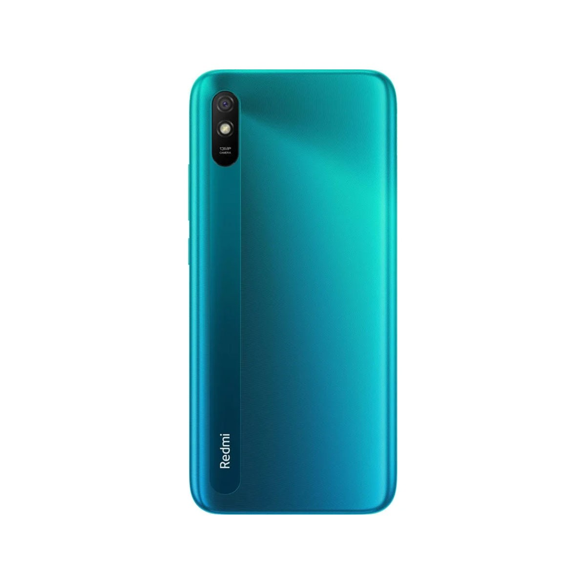 Türkisfarbenes Smartphone-Rückseite. Verfügt über eine Kamera und den Markennamen 'Redmi'.