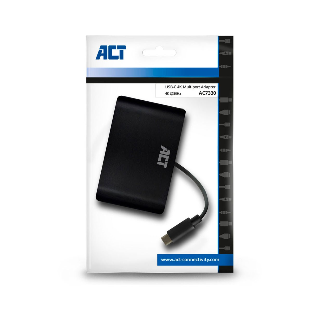 Ein schwarzer USB-C-Multiport-Adapter in seiner Verpackung. Der Adapter hat ein Kabel und das Logo ACT.