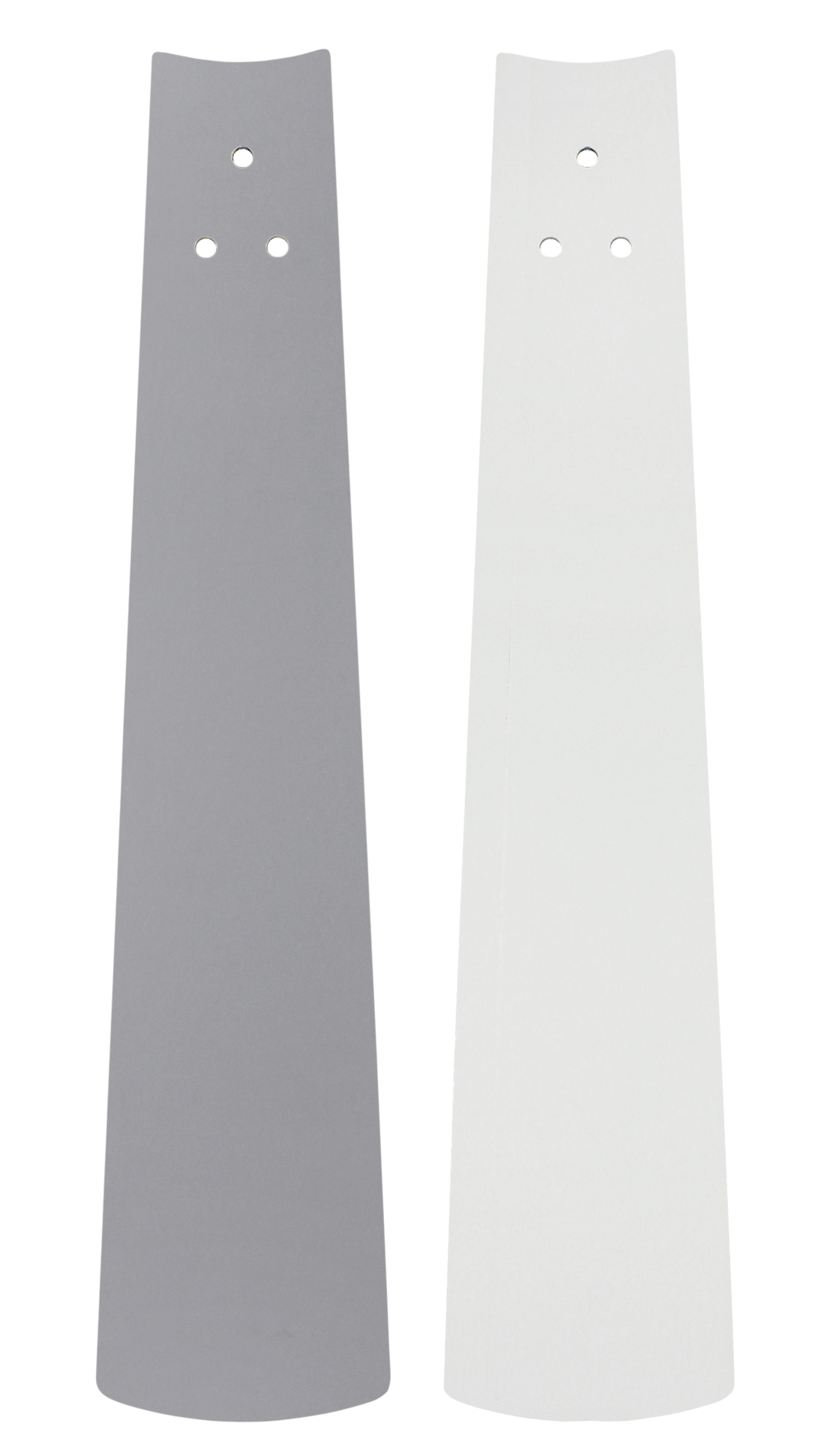Zwei graue und weiße Lüfterflügel mit drei Löchern oben und einem sich verjüngenden Design.