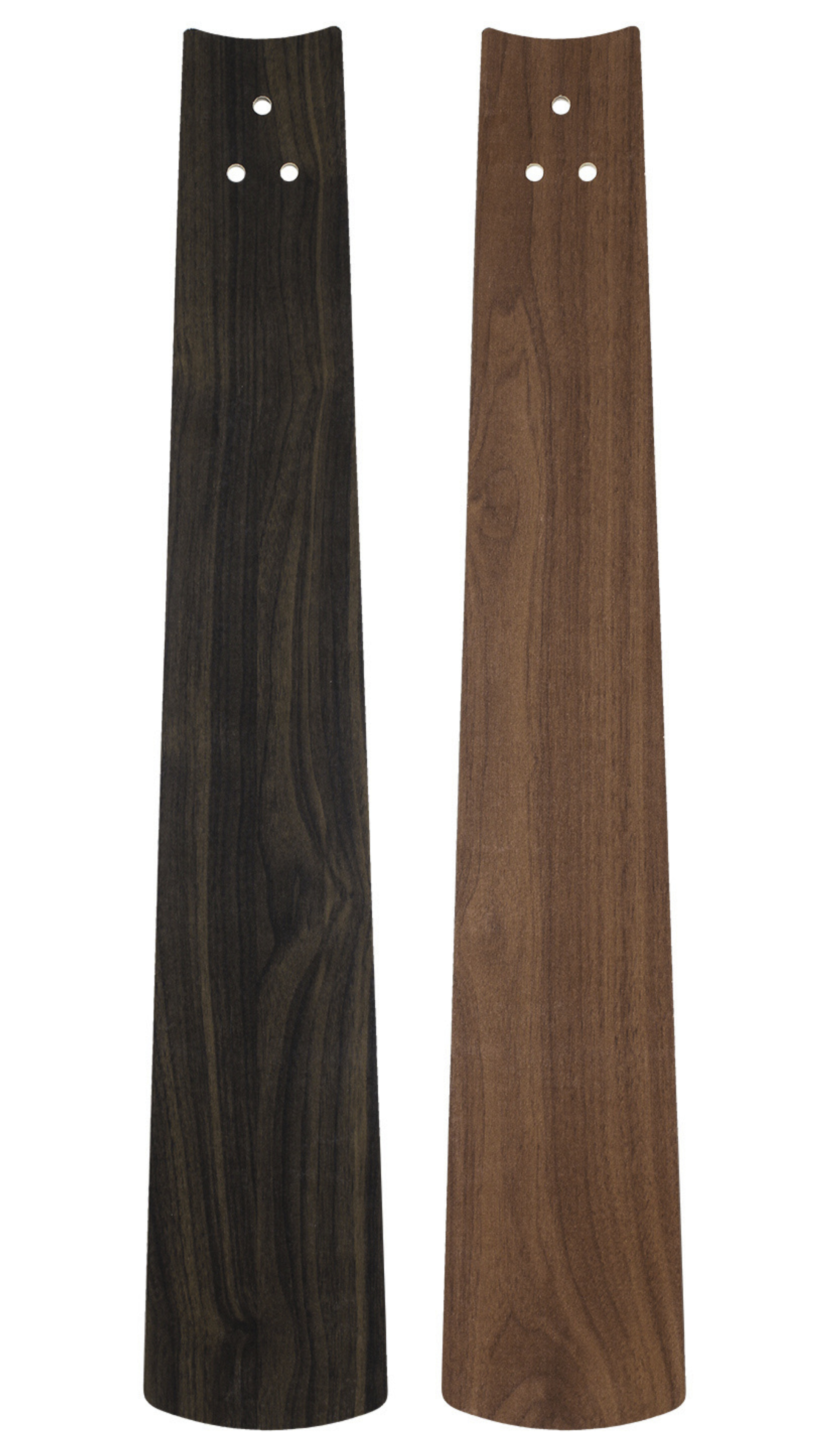 Zwei Holz-Ventilatorflügel, einer dunkelbraun, einer rotbraun.