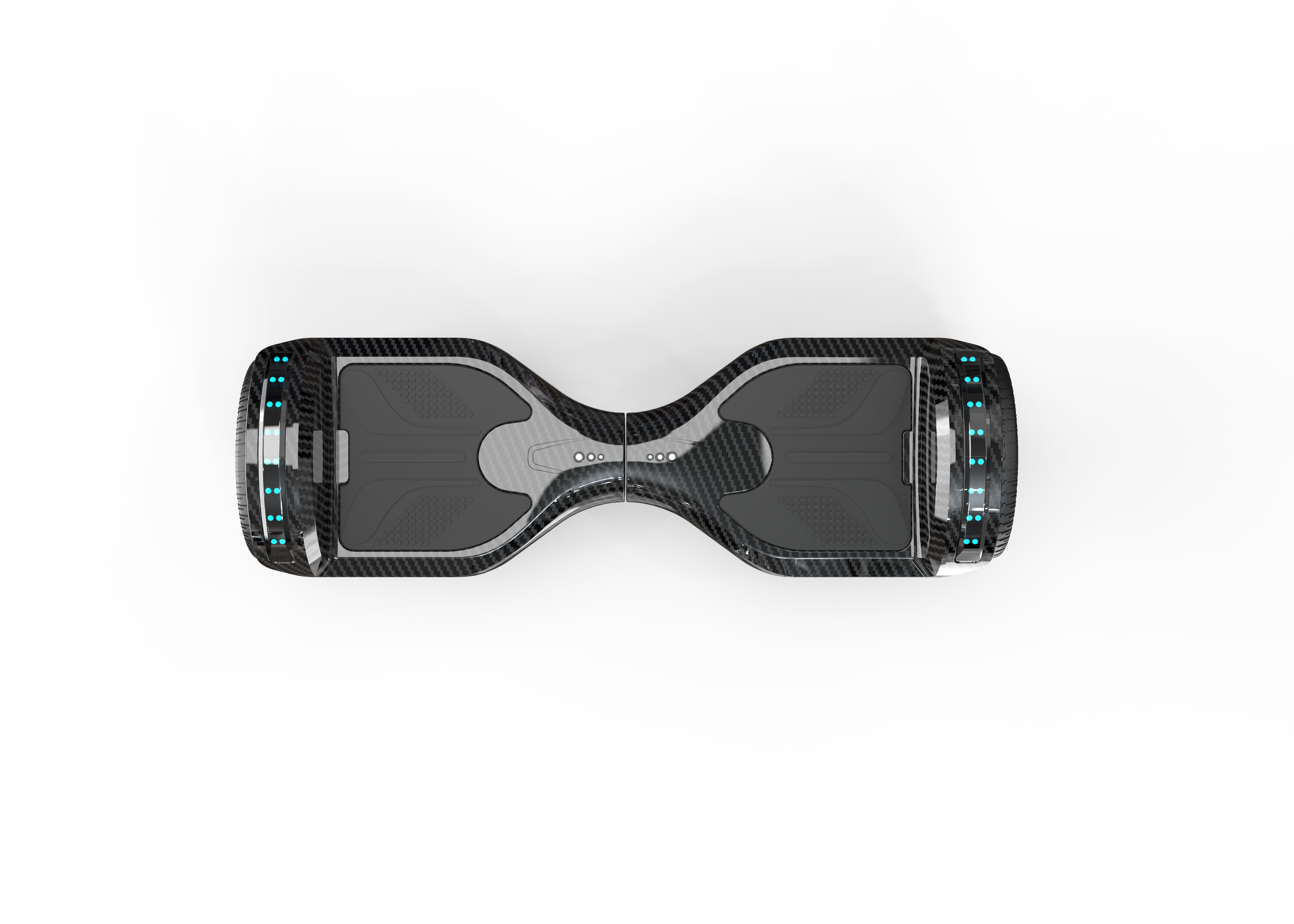 Een zwart-grijs hoverboard, bovenaanzicht, op een witte achtergrond. Blauwe lichten aan de zijkanten.