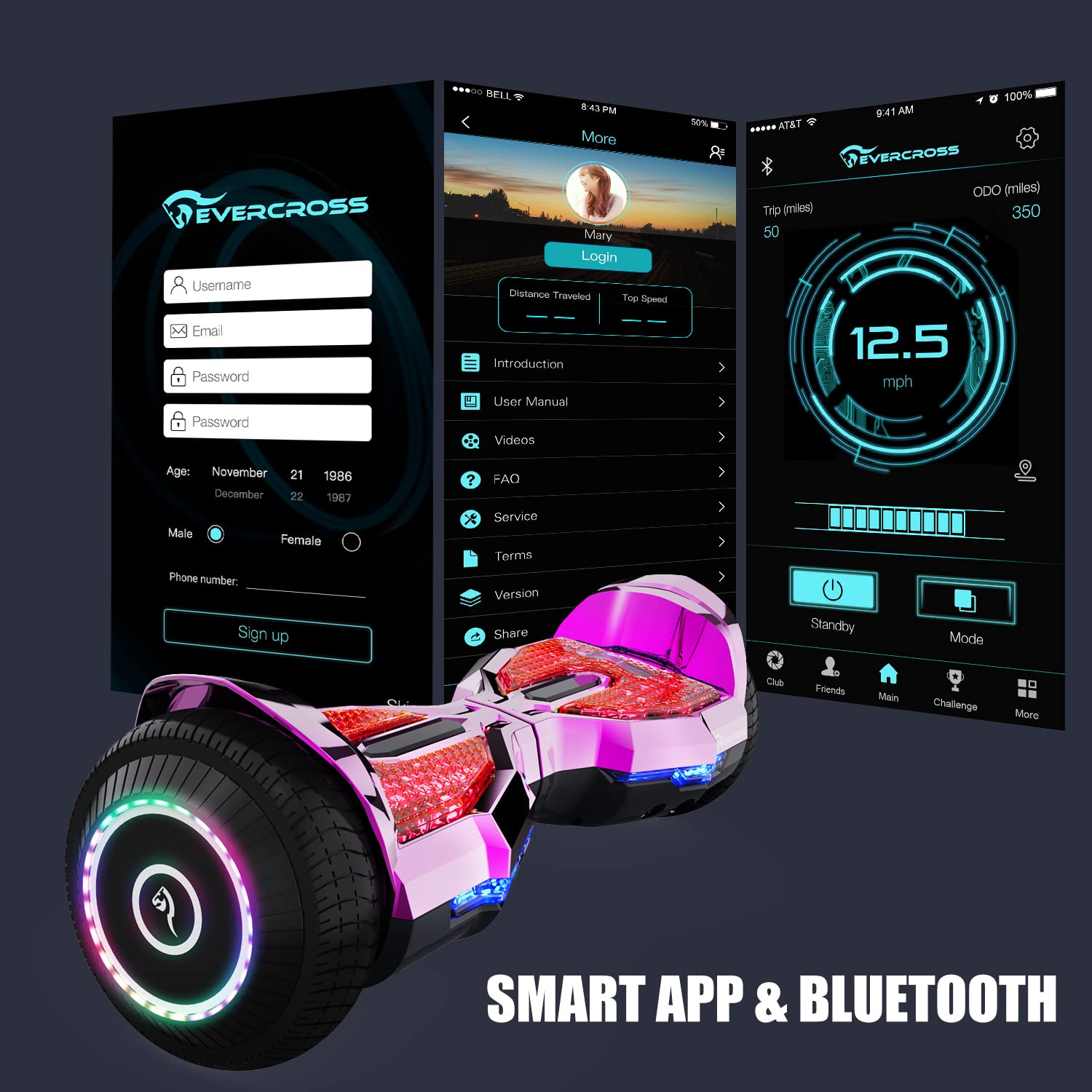 Un hoverboard con telaio rosa e schermi che mostrano interfacce di app. App intelligente e Bluetooth.