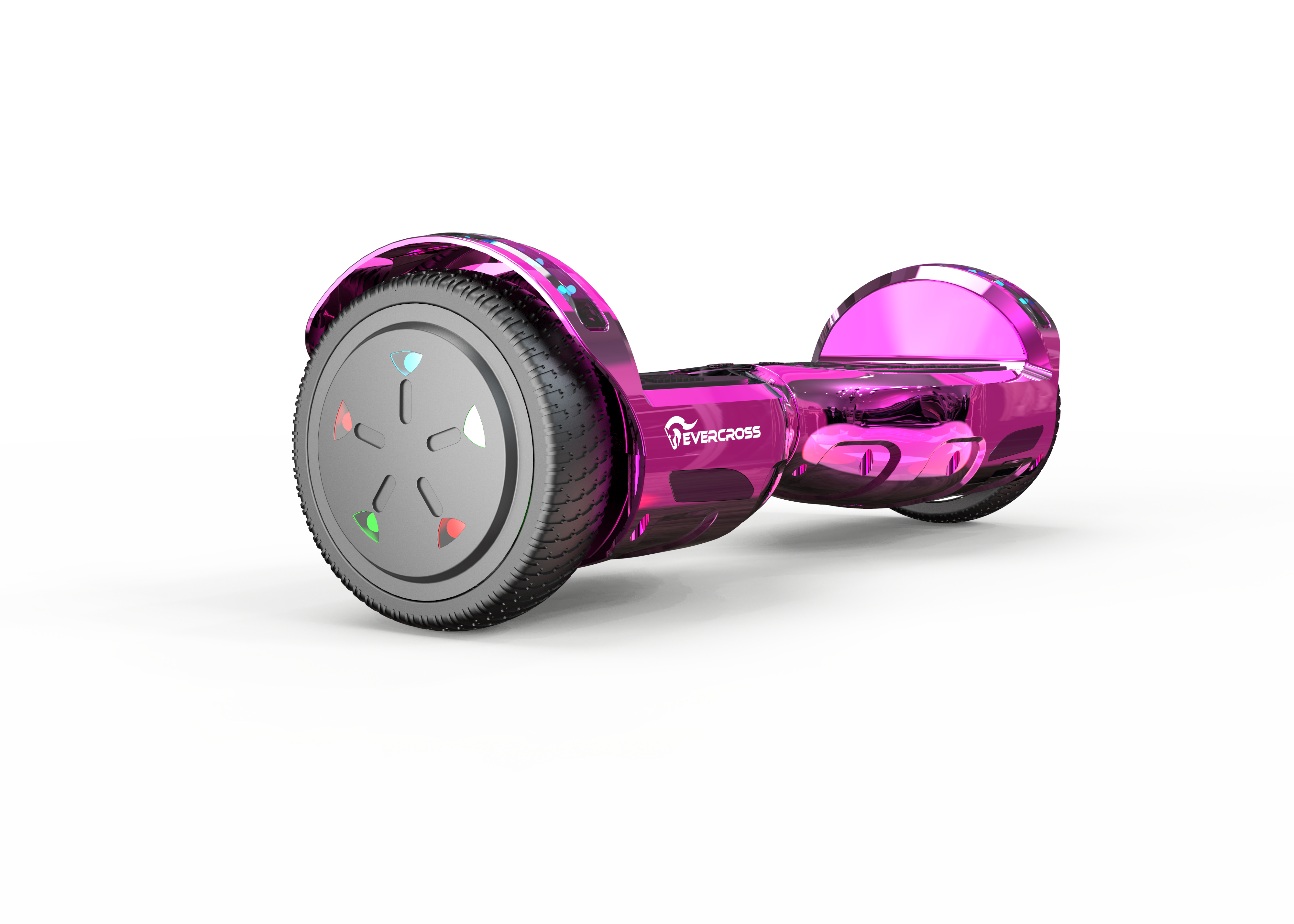 Pinkfarbenes Hoverboard mit silbernen Rädern und einem schwarzen Evercross-Logo. Weißer Hintergrund.