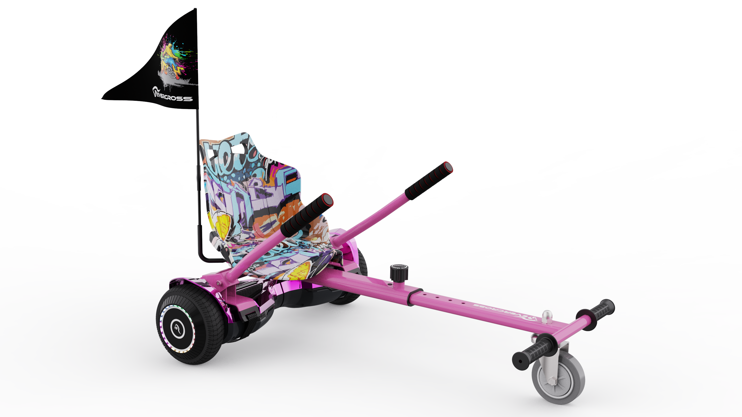 Hoverboard rosa con sedile graffiti e bandiera su sfondo bianco.