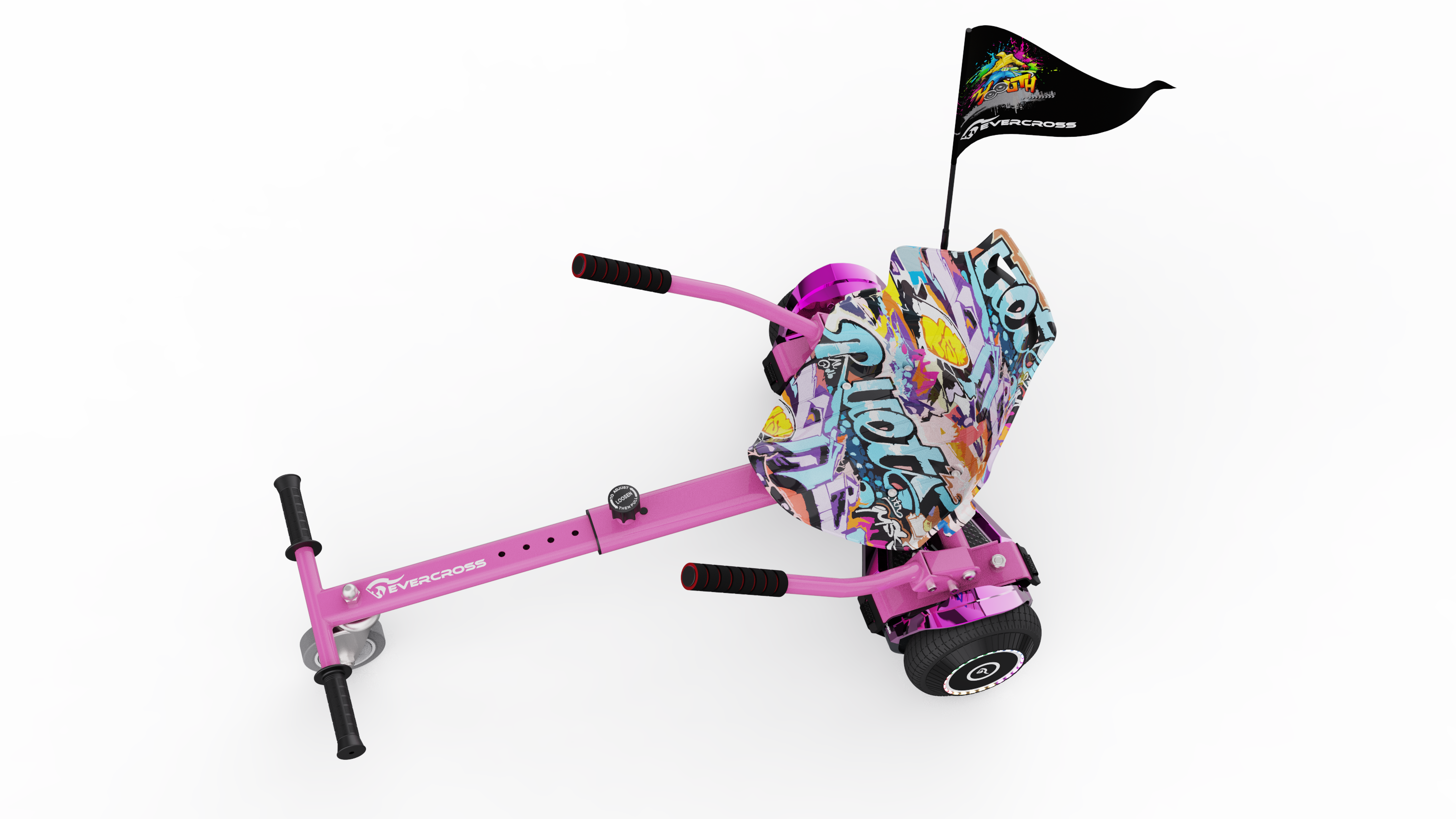 Ein pinkfarbener Roller mit Graffiti-Design auf dem Sitz und einer Flagge oben.