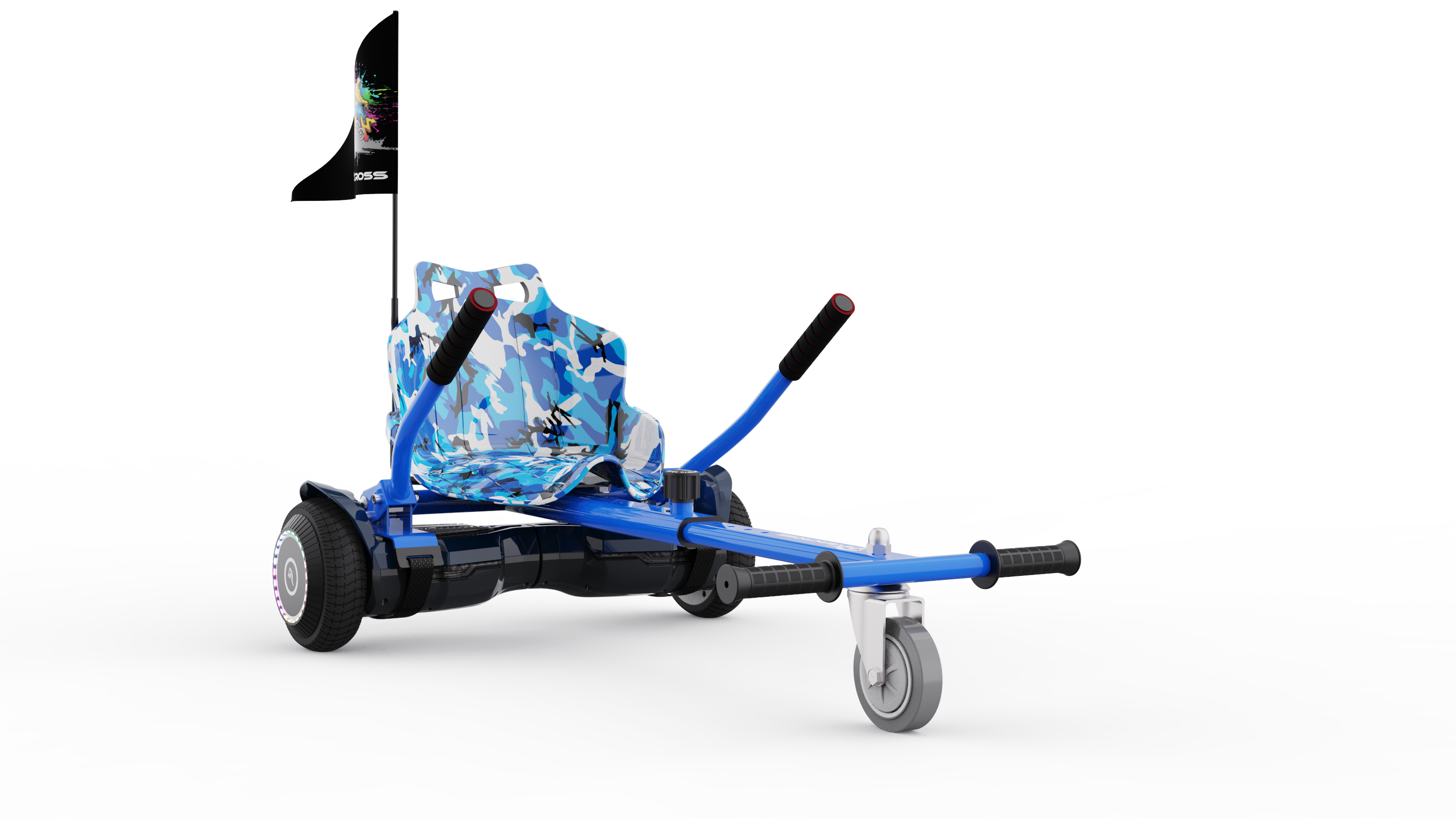 Blauer Hoverboard-Wagen mit Camouflage-Sitz und Fahne.