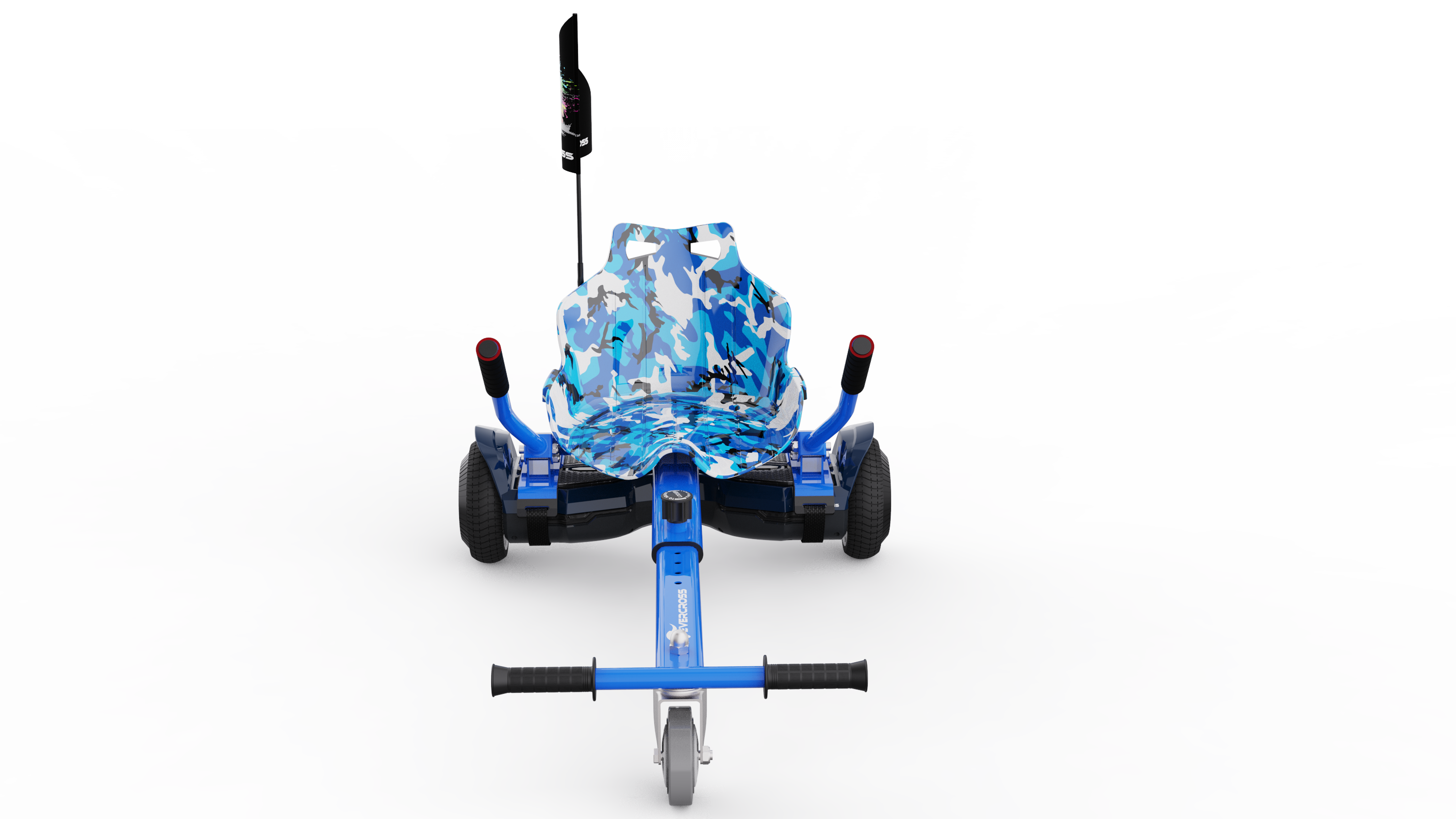 Ein blau-weißes Elektro-Gokart mit Camouflage-Muster auf weißem Grund.