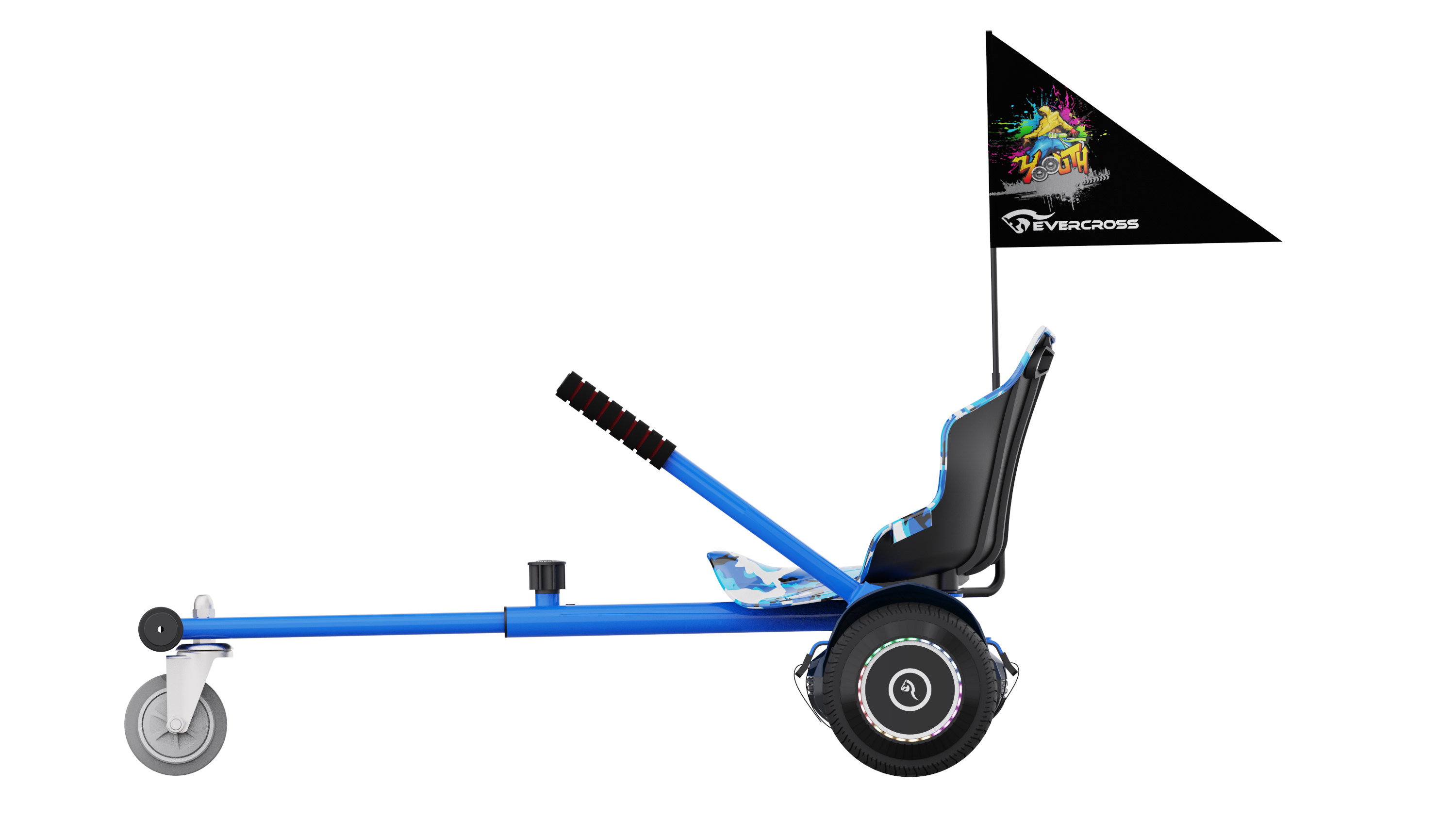 Go-kart blu e nero con bandiera, su sfondo nero, vista angolata.