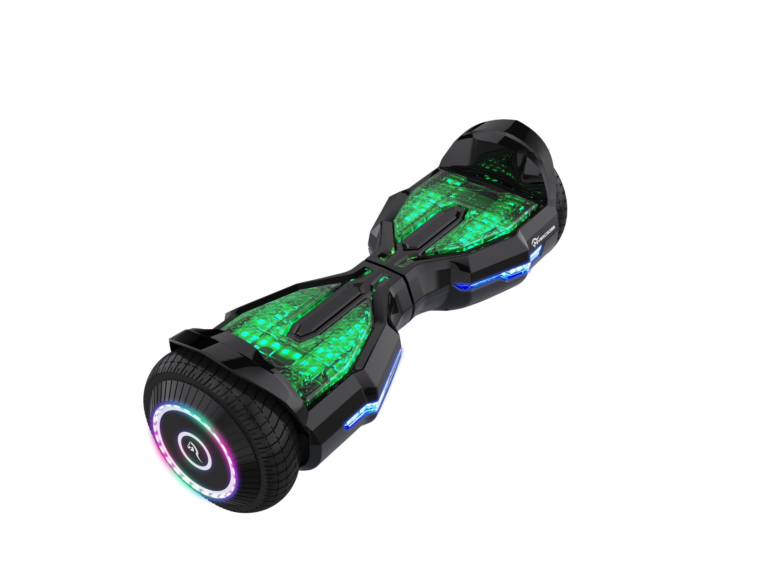 Hoverboard negro con luces verdes y azules, sobre un fondo negro.
