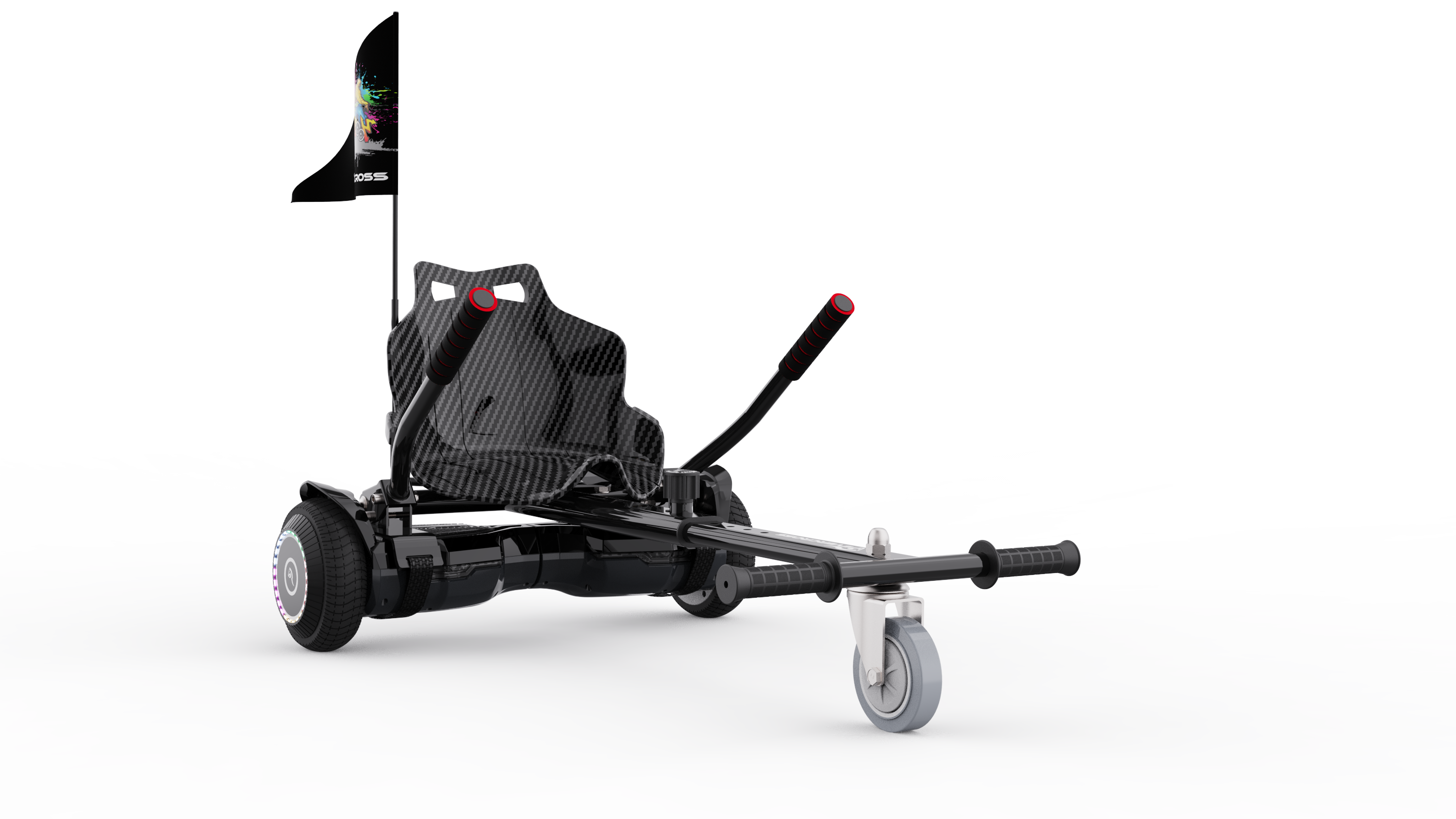 Schwarzes und graues Go-Kart mit Fahne, auf weißem Hintergrund.