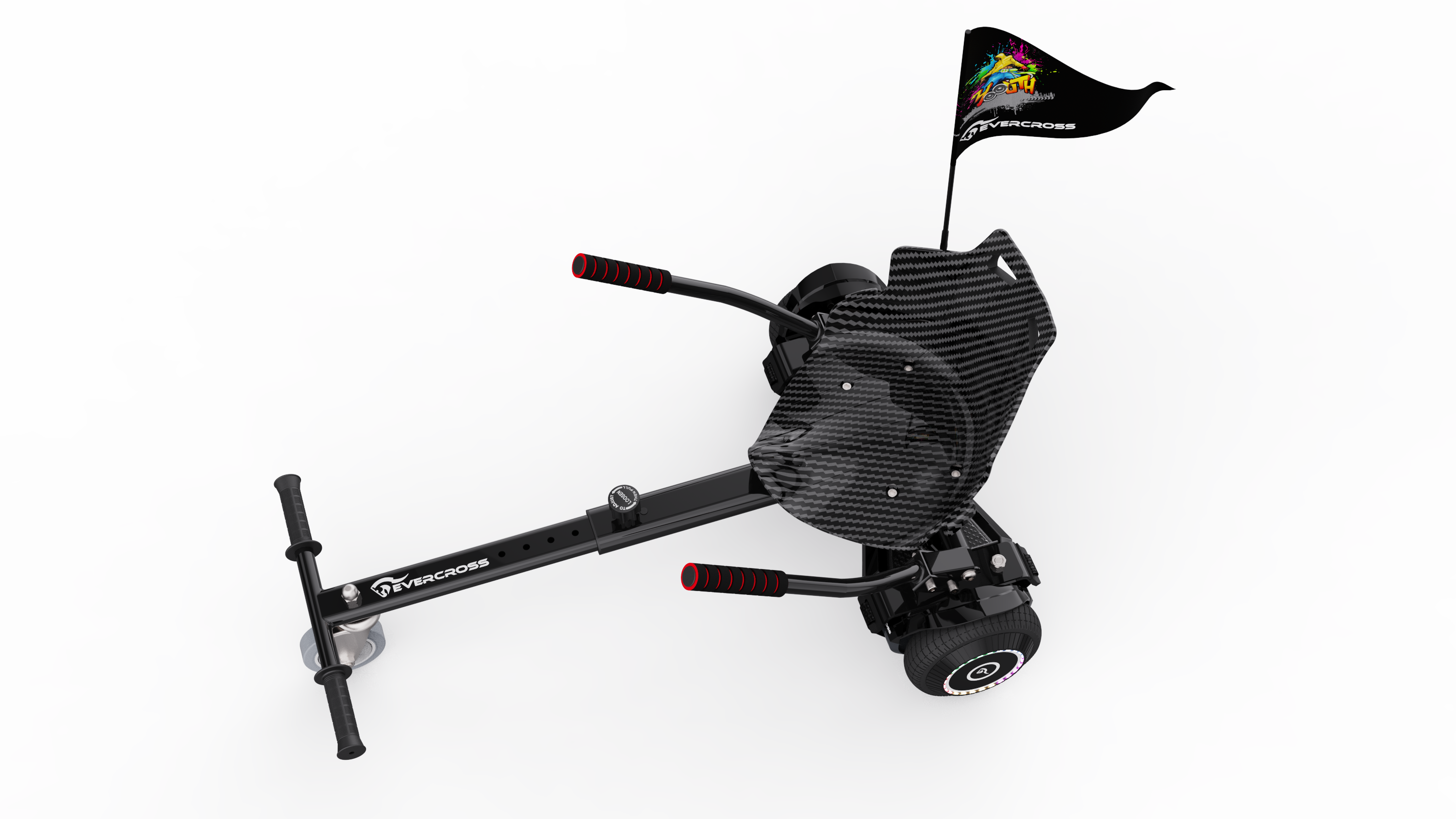 Ein schwarzes und silbernes Hoverboard mit Sitz, Flagge und Lenker, Draufsicht.