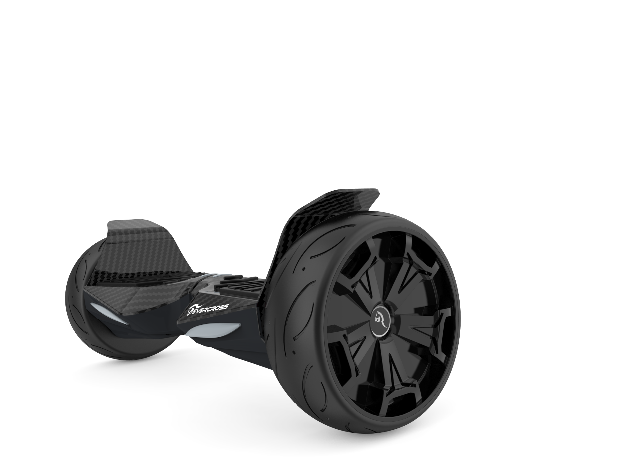 Hoverboard nero con ruote. Vista angolata. Logo Evercross.