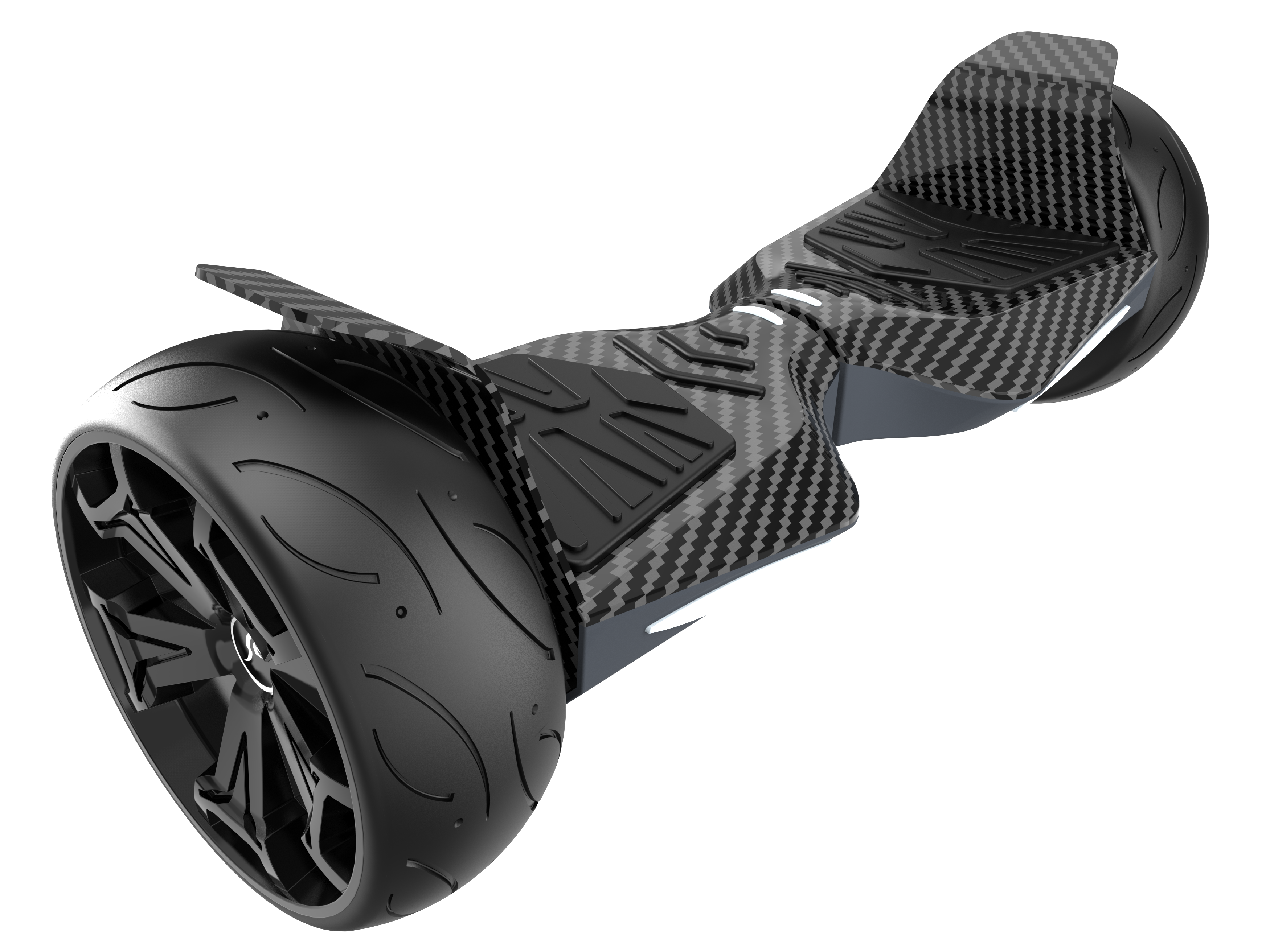 Un hoverboard nero e grigio con un pneumatico sul lato sinistro e una piattaforma per i piedi.