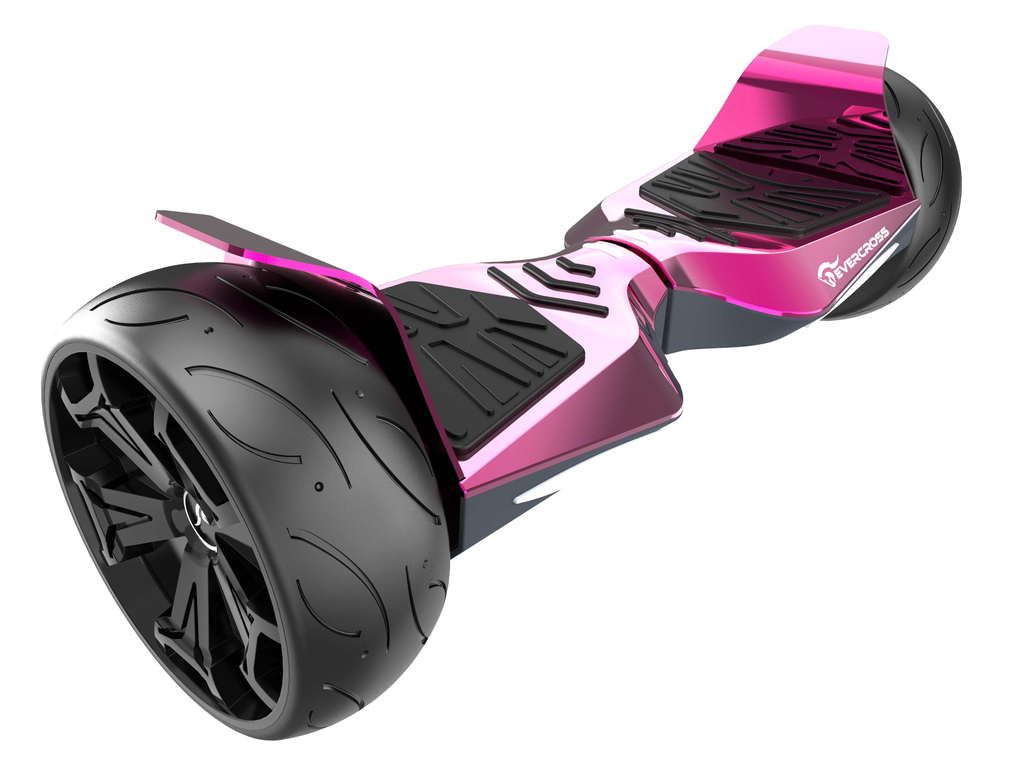 Un hoverboard rosa e nero con un design curvo e grandi ruote.