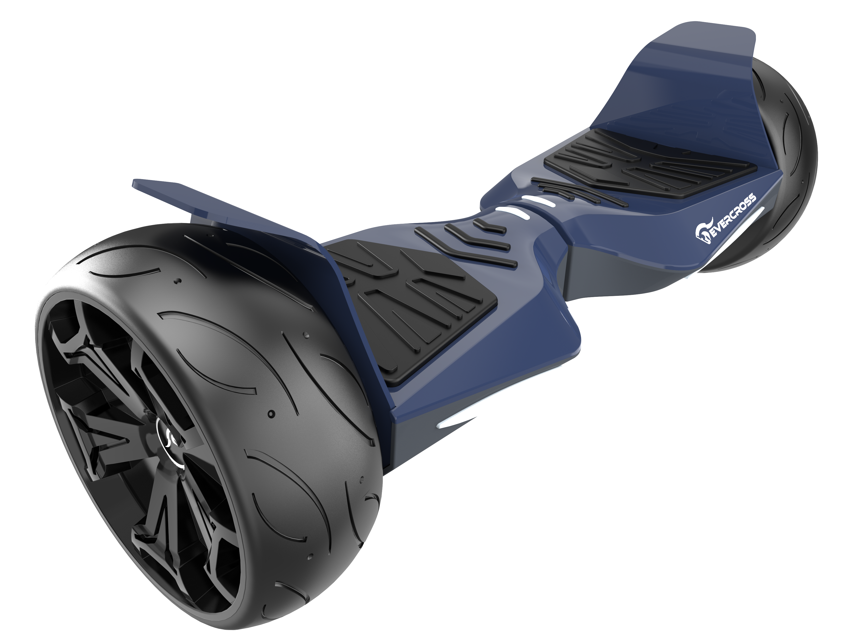 Hoverboard blu e nero con pneumatici grandi e pedane nere.