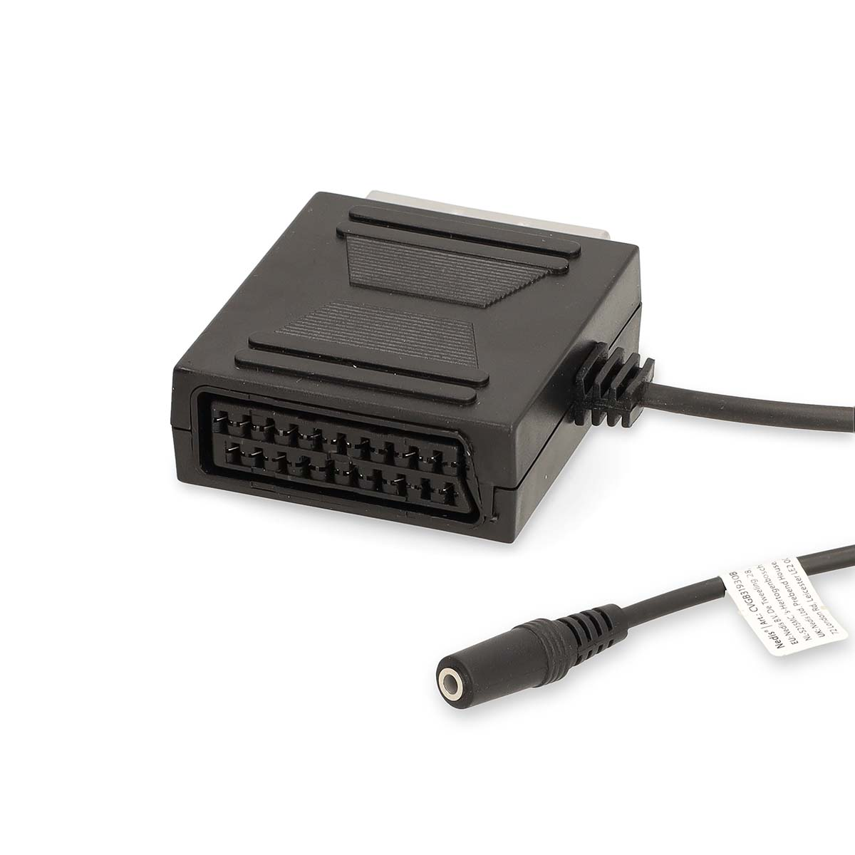 Schwarzer SCART-zu-RCA-Adapter mit Kabel und 3,5-mm-Buchse.