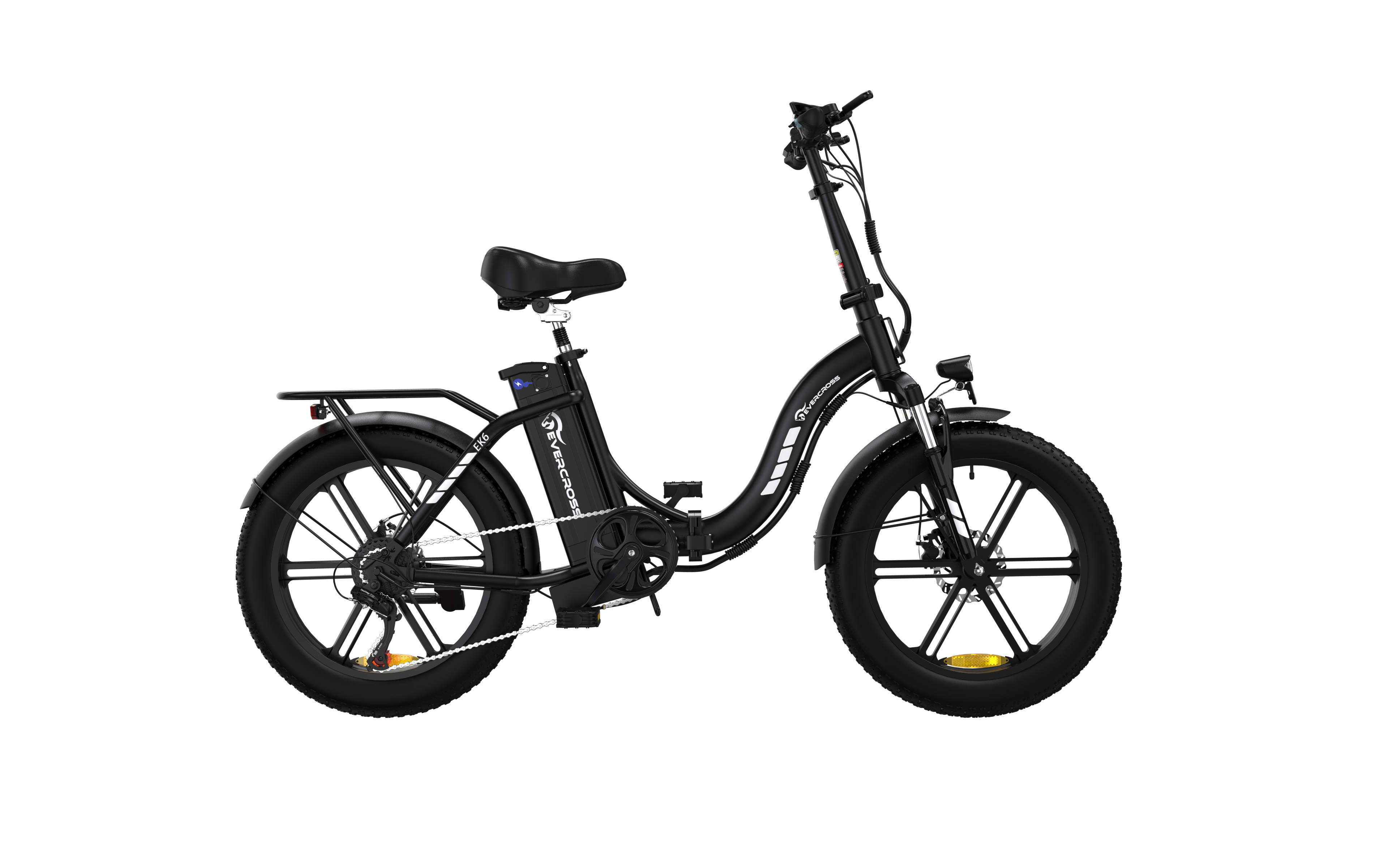 Schwarzes, faltbares E-Bike auf schwarzem Hintergrund. Das Fahrrad hat einen Sattel, Räder und Lenker.