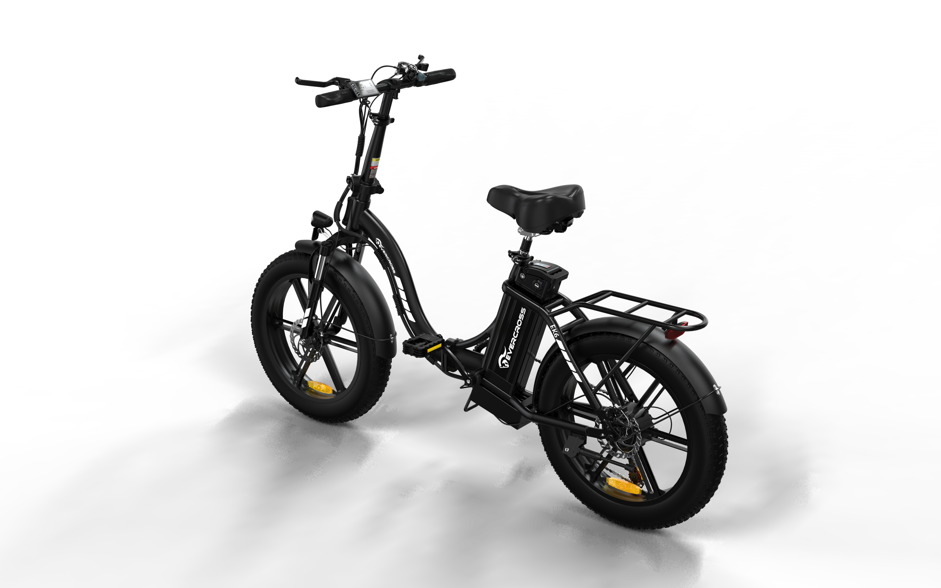Bicicletta elettrica nera con telaio pieghevole, pneumatici neri e portapacchi posteriore.
