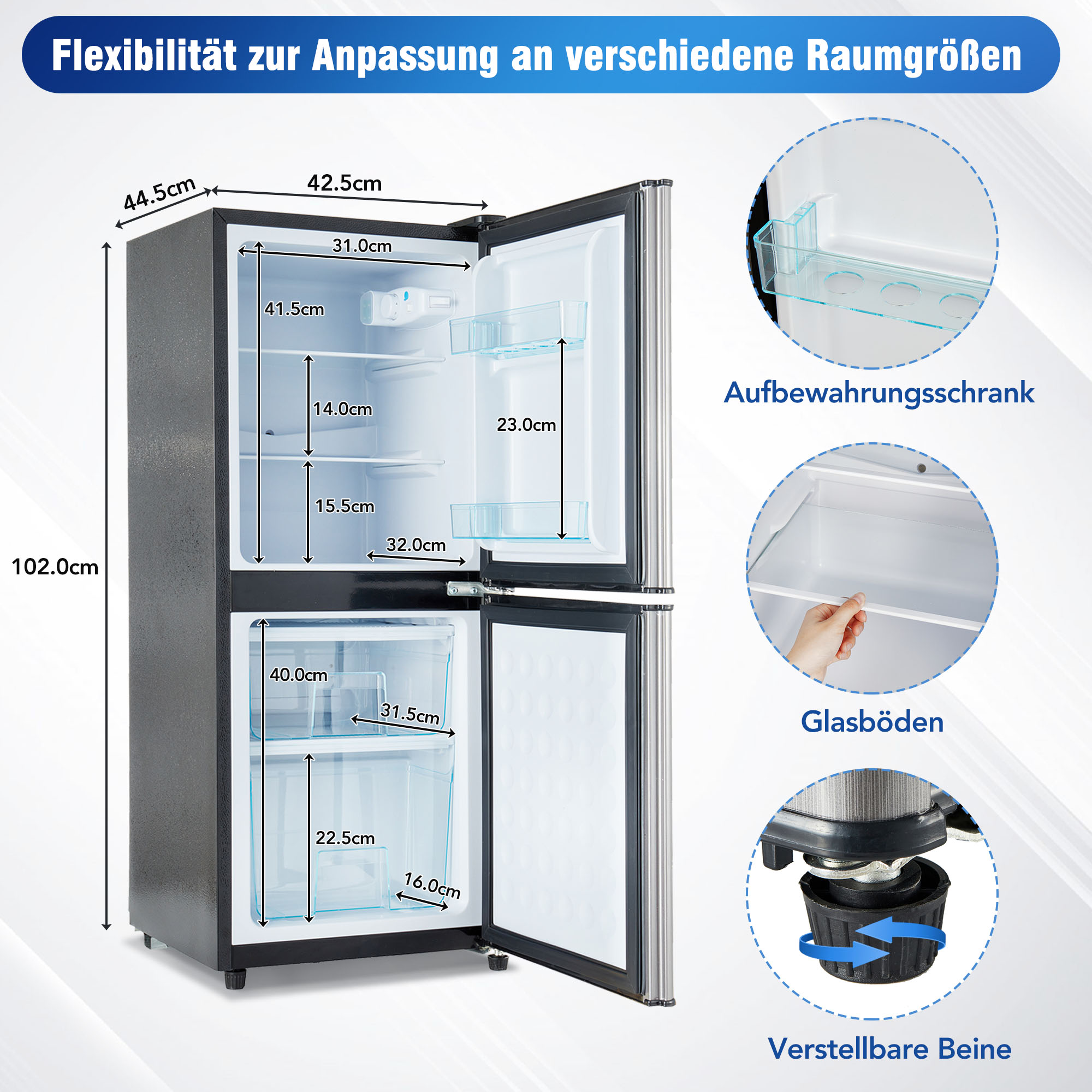 Ein schwarzer Kühlschrank mit offener Tür, der Fächer und Abmessungen an der Seite zeigt.