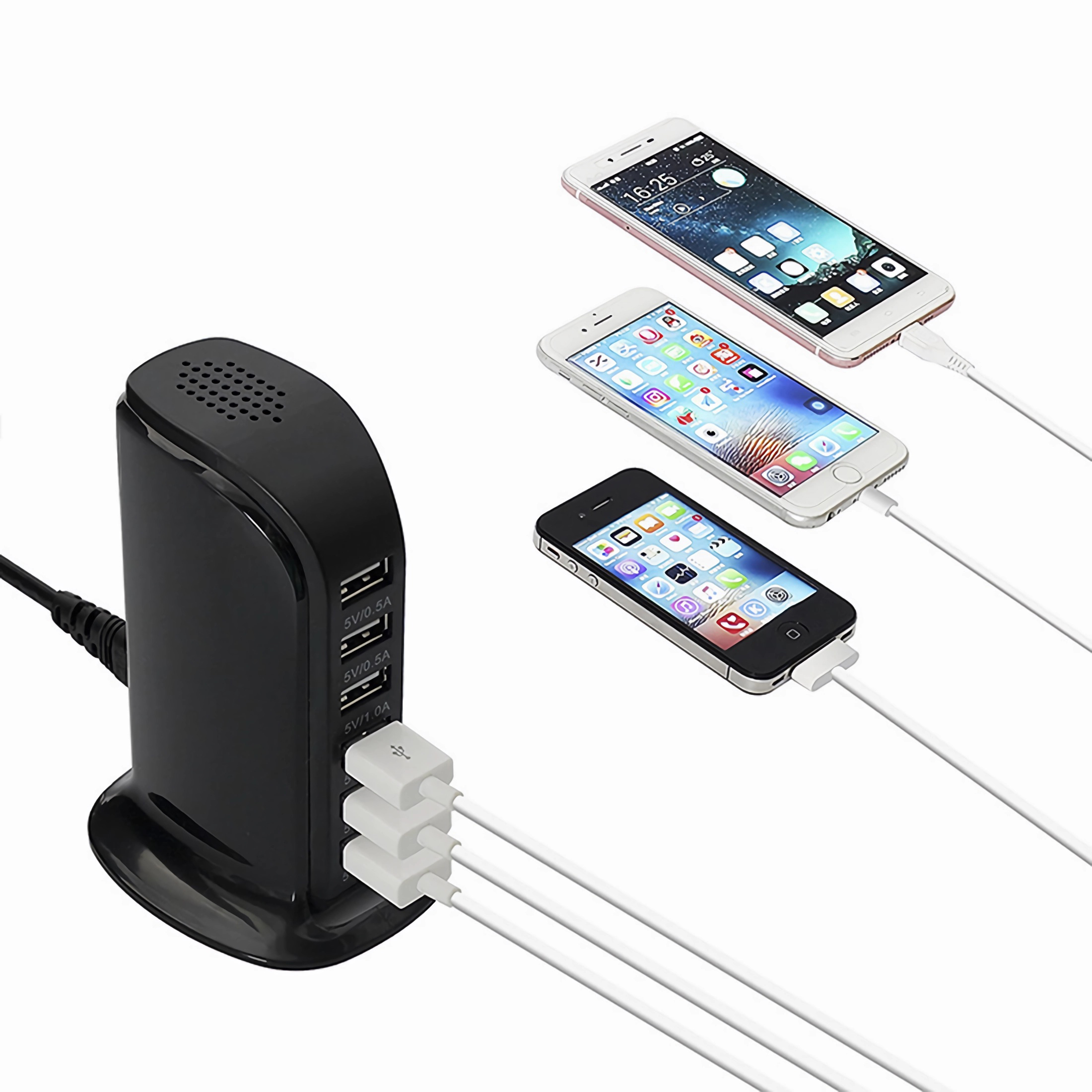 Eine schwarze Ladestation mit weißen Ladekabeln, die mit drei Telefonen verbunden sind.
