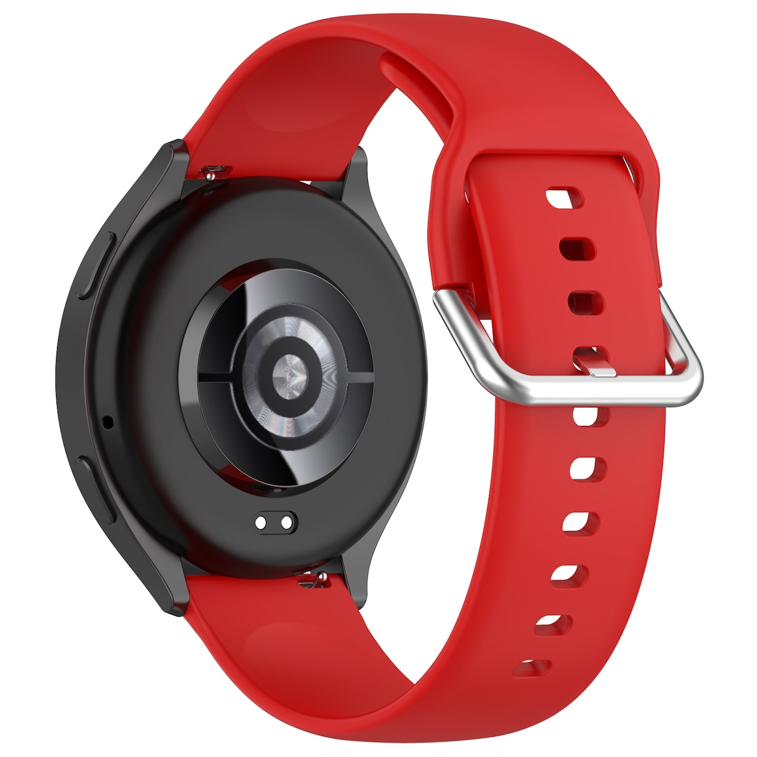 Rote Uhr mit schwarzem Zifferblatt und rotem Armband, silberne Schnalle.