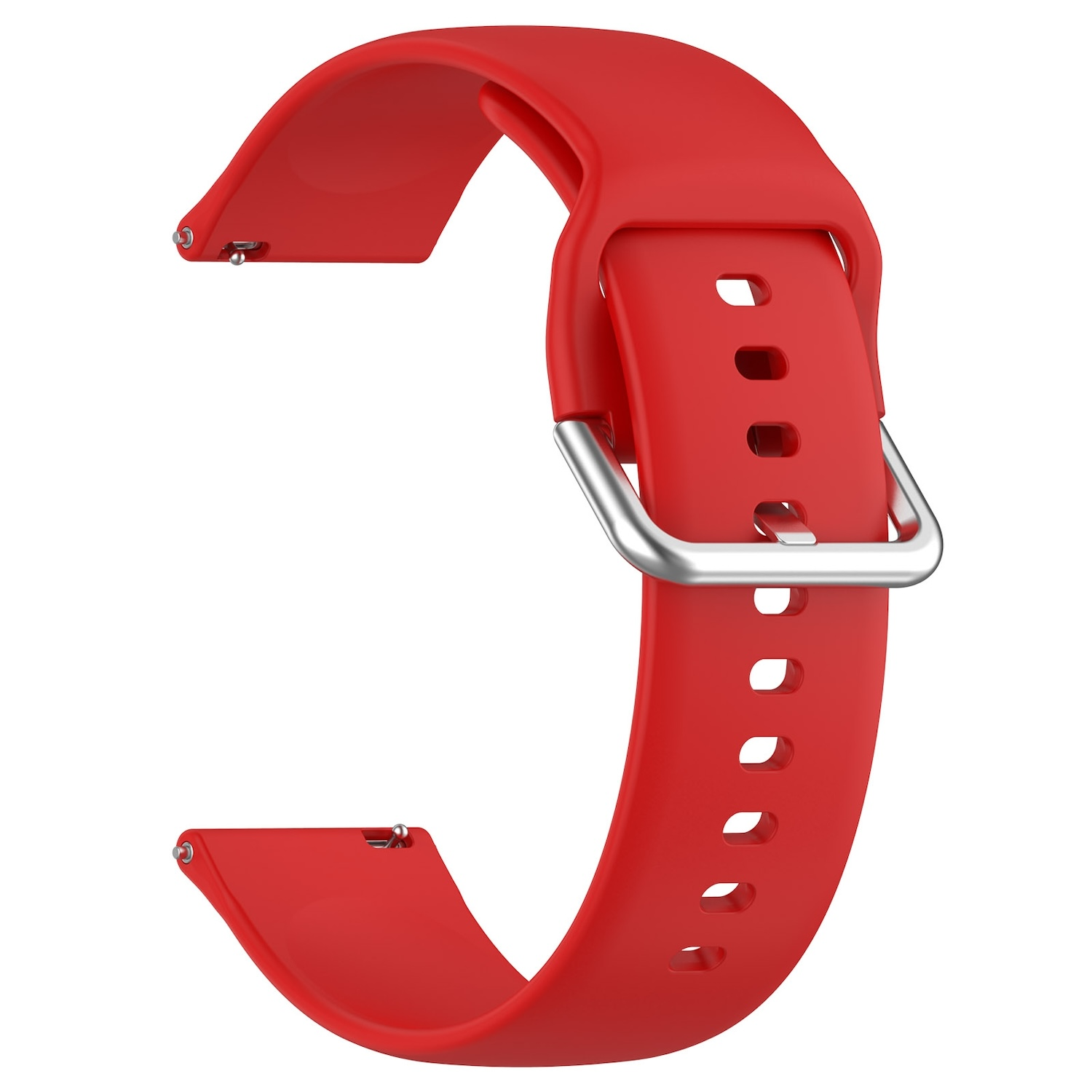 Ein rotes Uhrenarmband mit silberner Schnalle. Das Armband ist gebogen, zeigt Befestigungspunkte und Löcher.