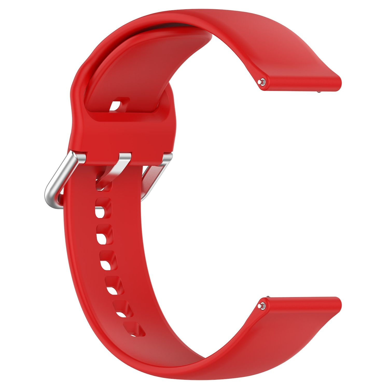 Ein rotes Smartwatch-Armband mit Schnalle und zwei Stiften zur Befestigung.