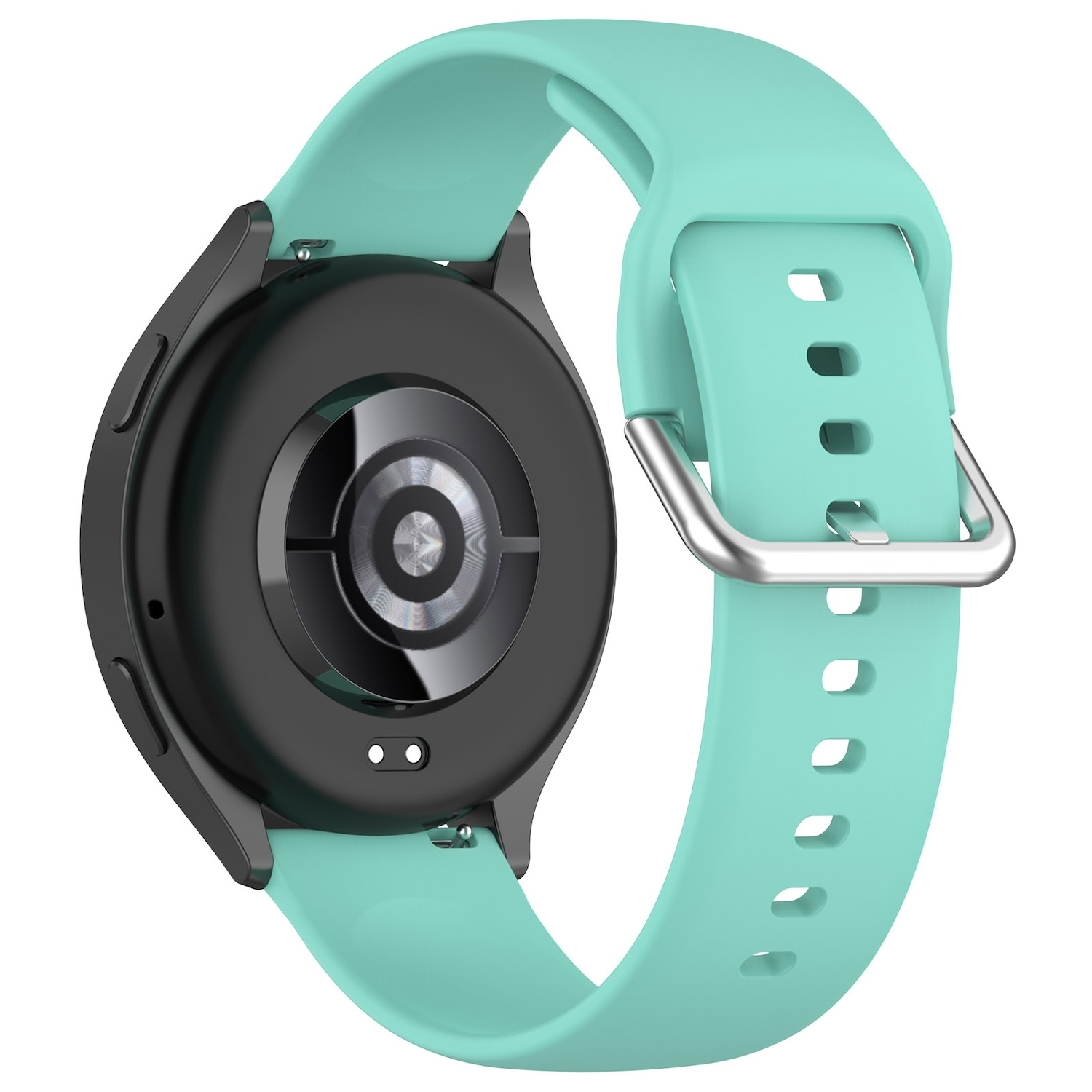 Schwarze Smartwatch mit türkis farbenem Armband. Rückseite nach oben.