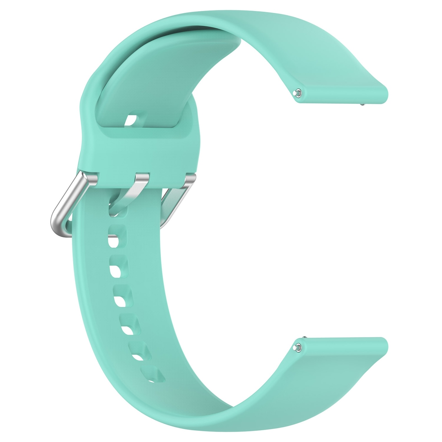 Ein mintgrünes Uhrenarmband, von oben sichtbar. Es besteht aus Silikon und hat eine Schnalle.
