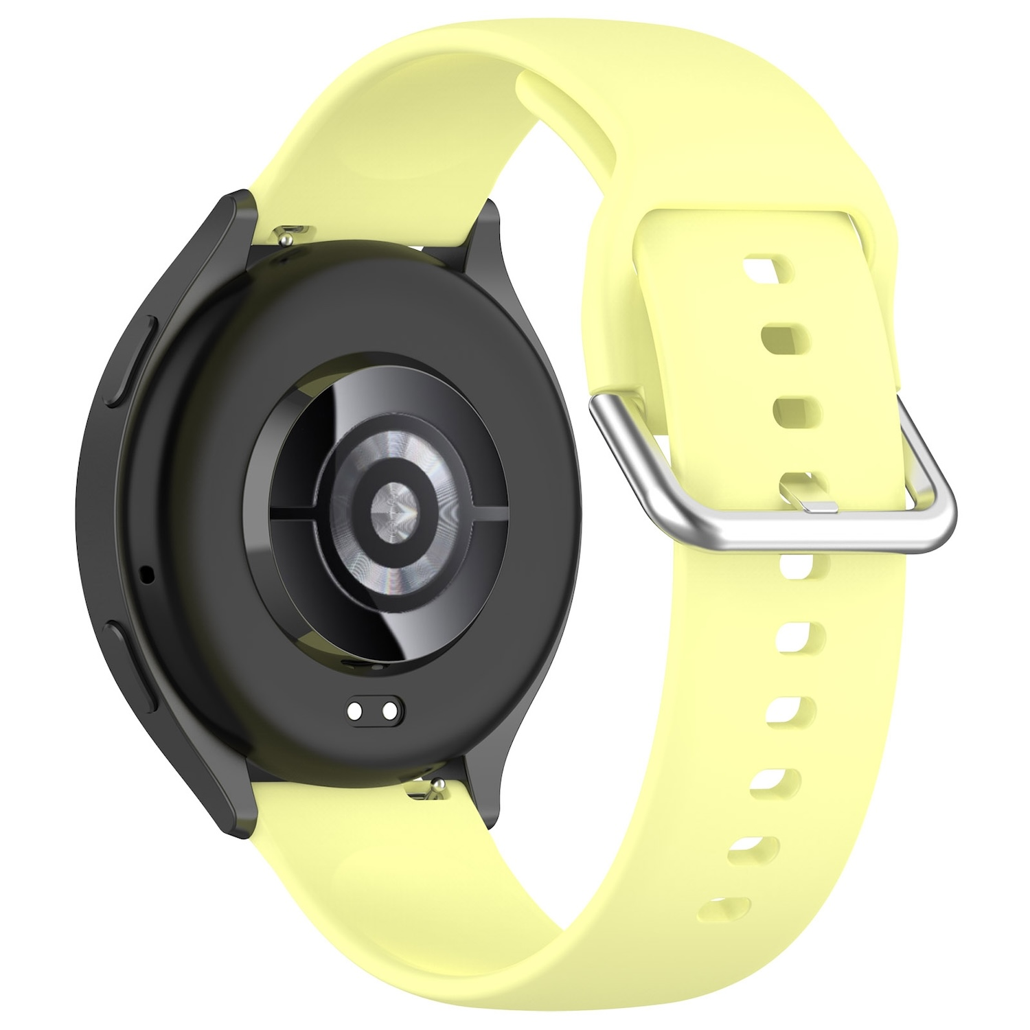 Eine schwarze Smartwatch mit gelbem Armband und silberner Schnalle. Die Uhr wird von hinten gezeigt.