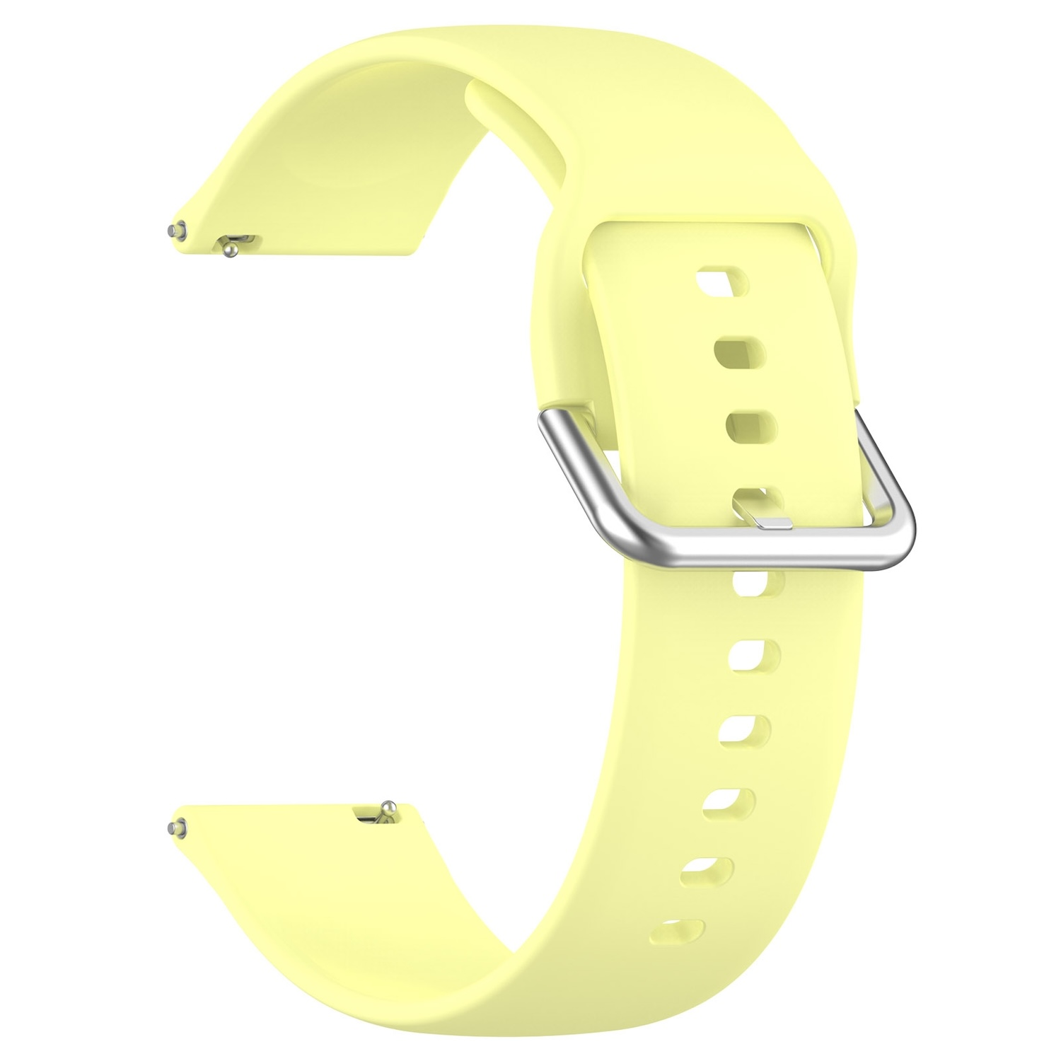 Gelbes Uhrenarmband mit silberner Schnalle, Studioaufnahme auf weißem Hintergrund.