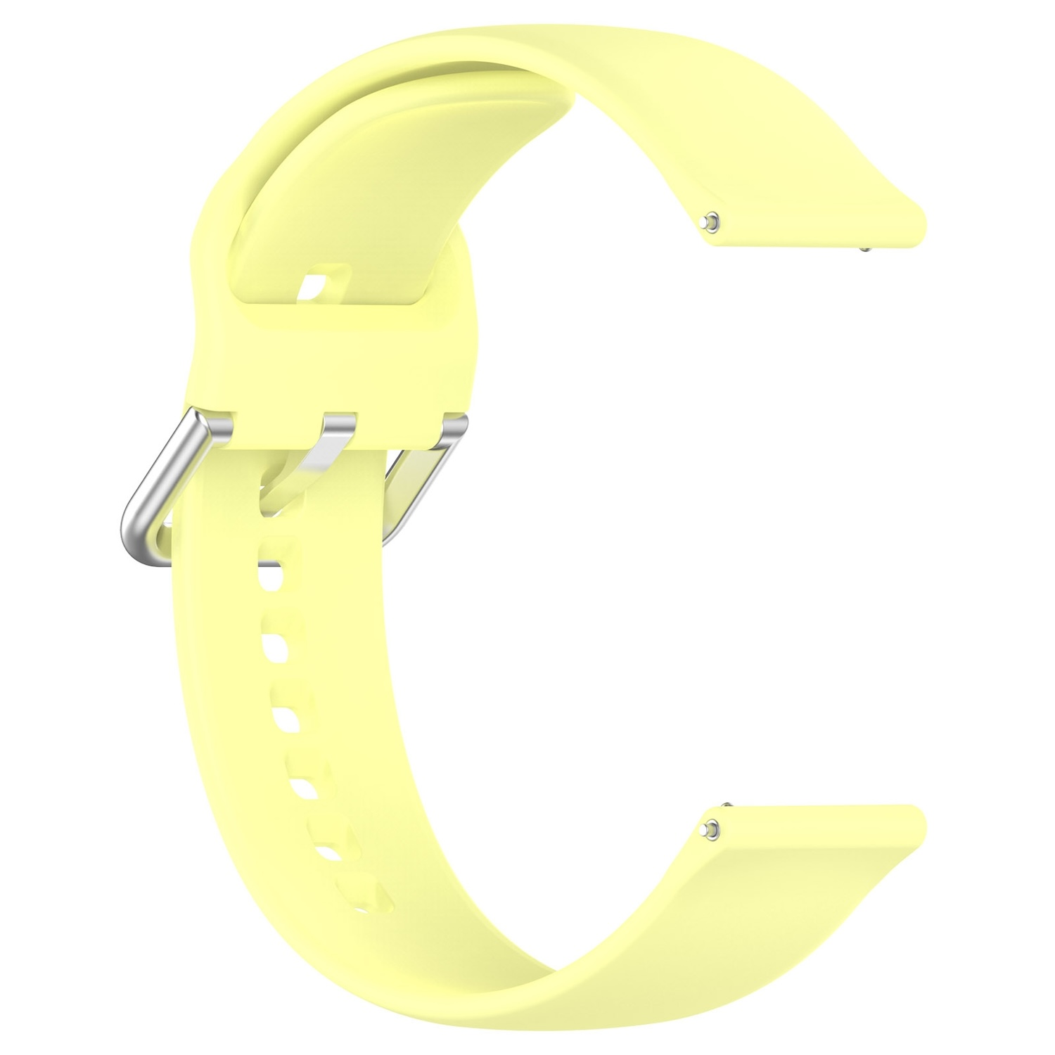 Gelbes Uhrenarmband mit silberner Schnalle. Das Armband ist gebogen und hat Löcher.