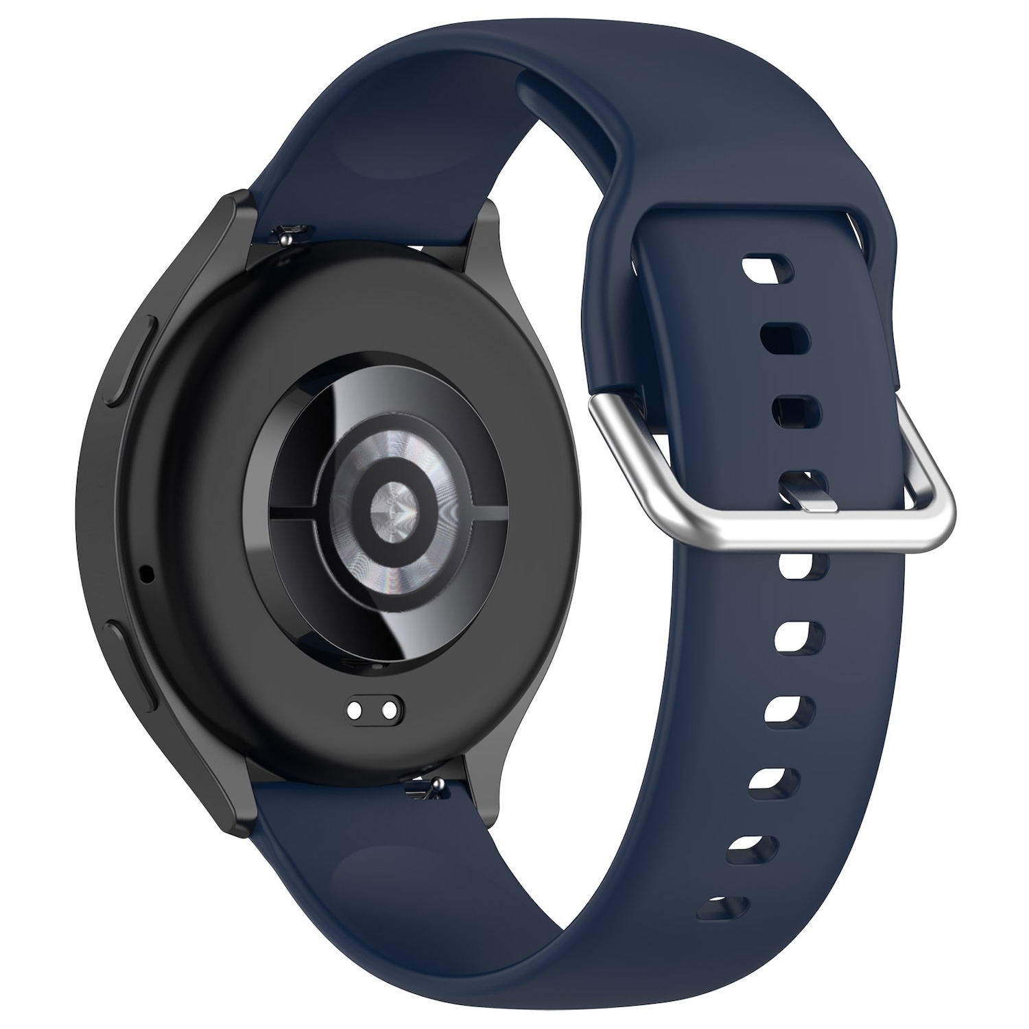 Eine schwarze Smartwatch mit blauem Armband, befestigt mit einer silbernen Schnalle. Die Rückseite der Uhr ist sichtbar.