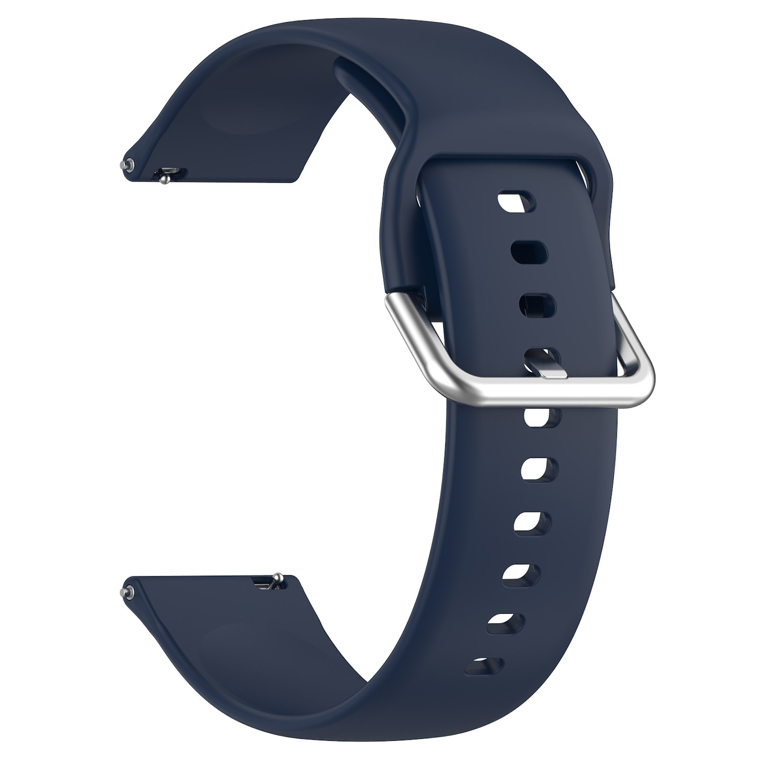 Ein dunkelblaues Smartwatch-Armband mit silberner Schnalle. Der Riemen ist aus Gummi.