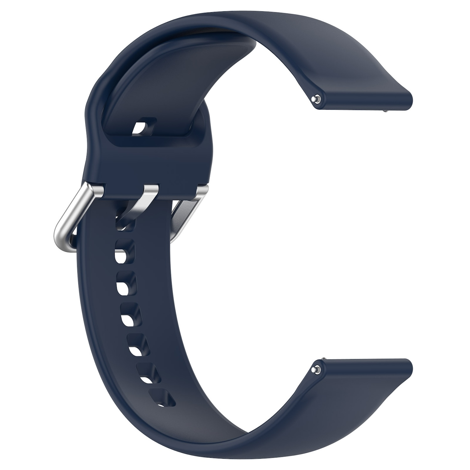 Ein gebogenes blaues Uhrenarmband mit silberner Schnalle, isoliert auf weißem Hintergrund.