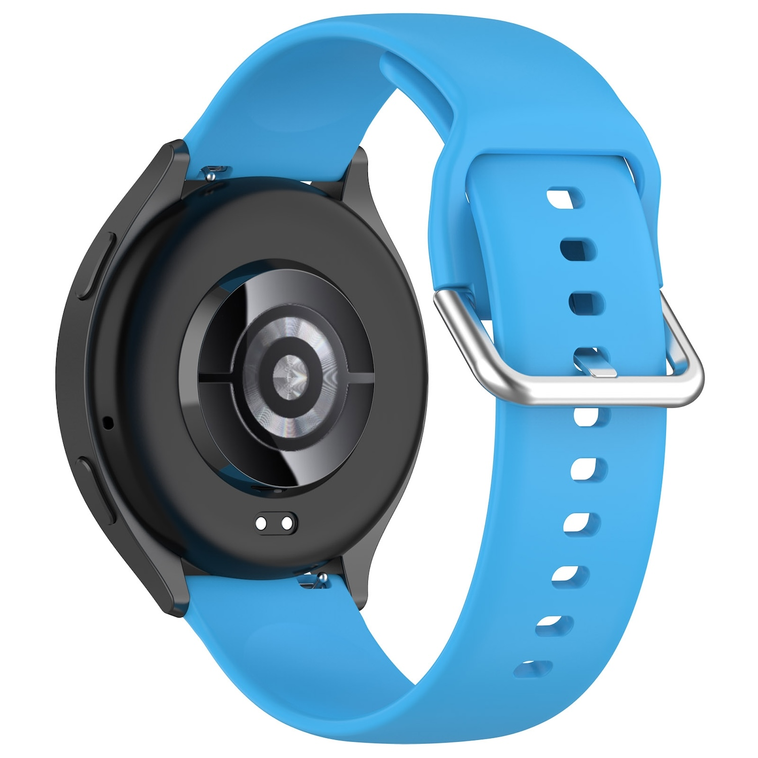 Schwarze Smartwatch mit blauem Armband. Die Rückseite hat einen Herzsensor.