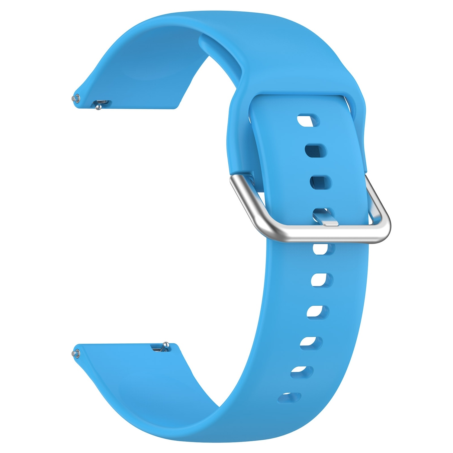 Ein blaues Uhrenarmband mit silberner Schnalle, auf weißem Hintergrund.