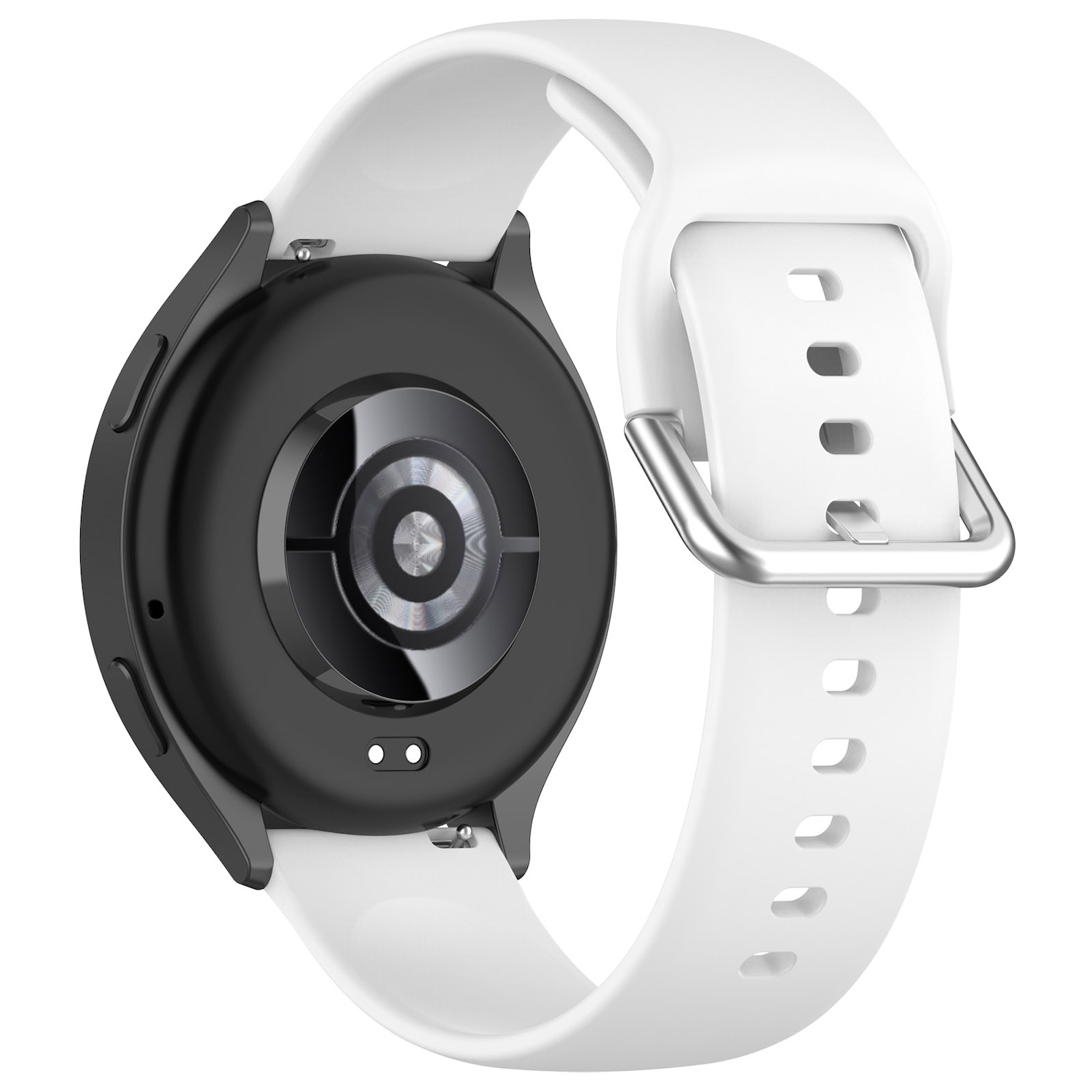 Die Rückseite einer schwarzen Smartwatch mit einem weißen Armband.