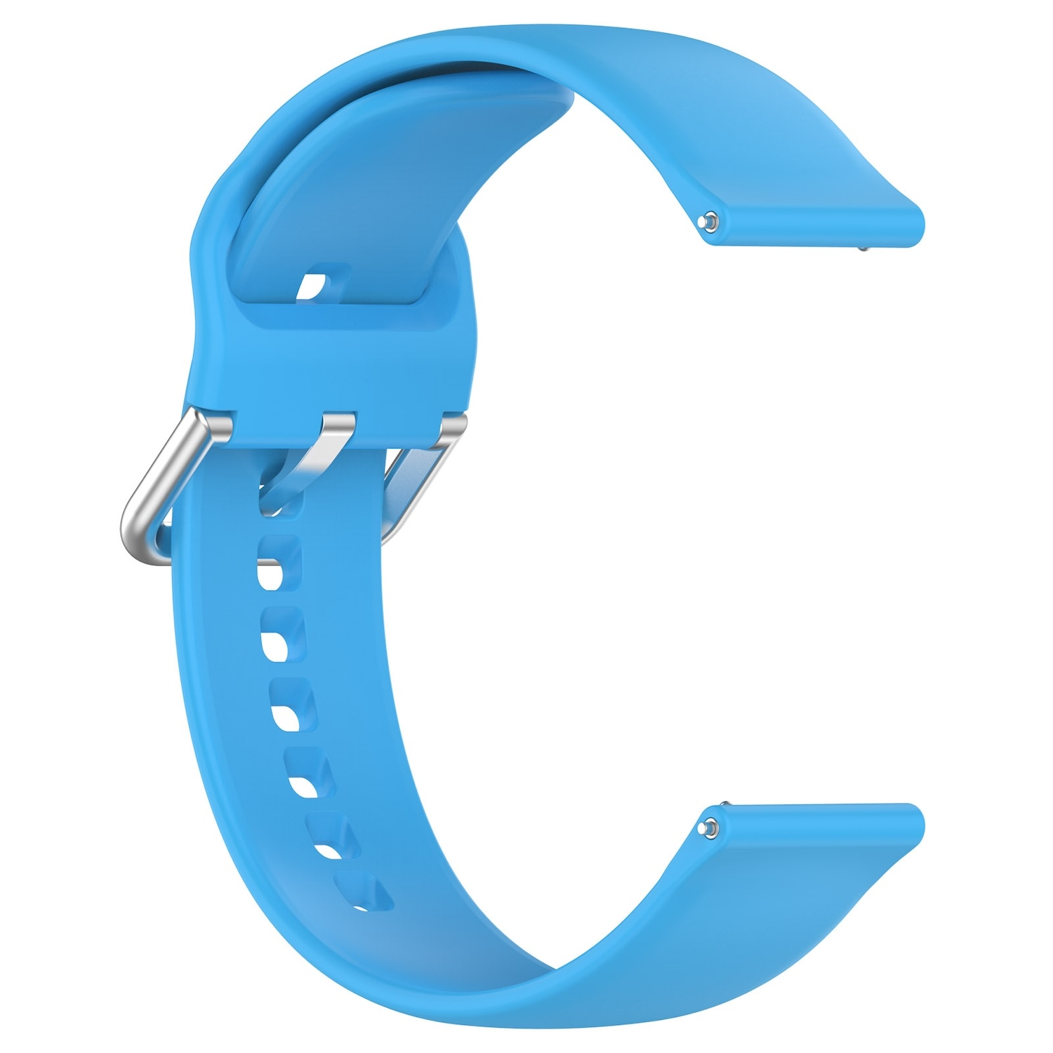 Ein hellblaues Uhrenarmband. Es besteht aus Silikon und hat eine silberne Schnalle.