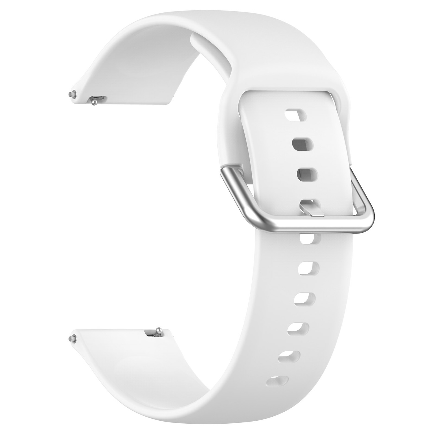 Weißes Uhrenarmband mit silberner Schnalle, auf weißem Hintergrund.