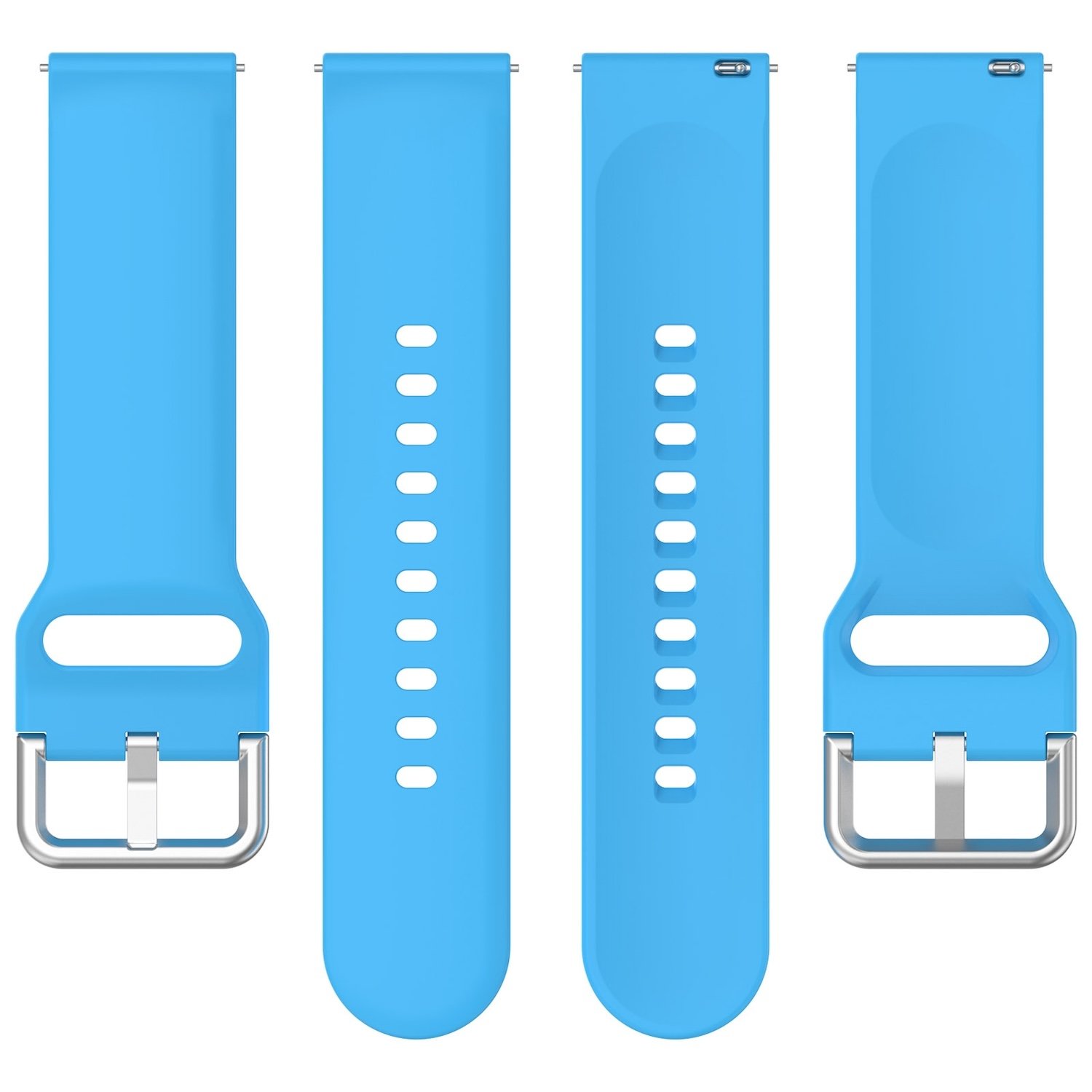 Vier blaue Uhrenarmbänder. Zwei haben Schnallen, zwei haben Löcher. Alle auf weißem Hintergrund.