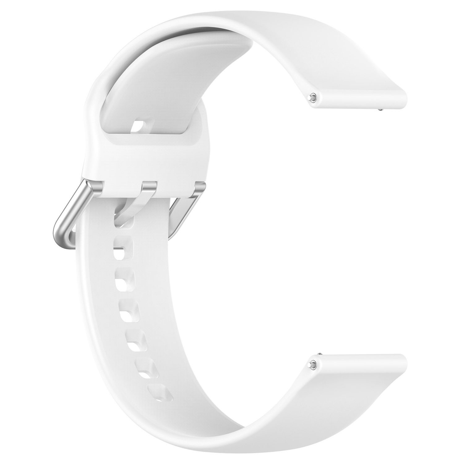 Weißes Smartwatch-Armband. Gebogenes weißes Armband mit Metallverschluss, bereit zum Anbringen.